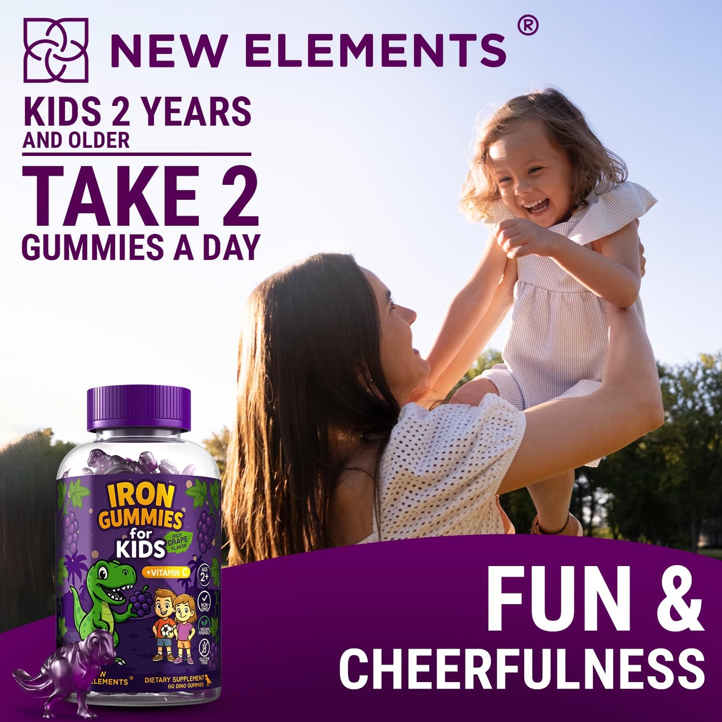Iron Dinosaur Gummies for Kids with Vitamin C – Grape Flavor (Pack of 2)