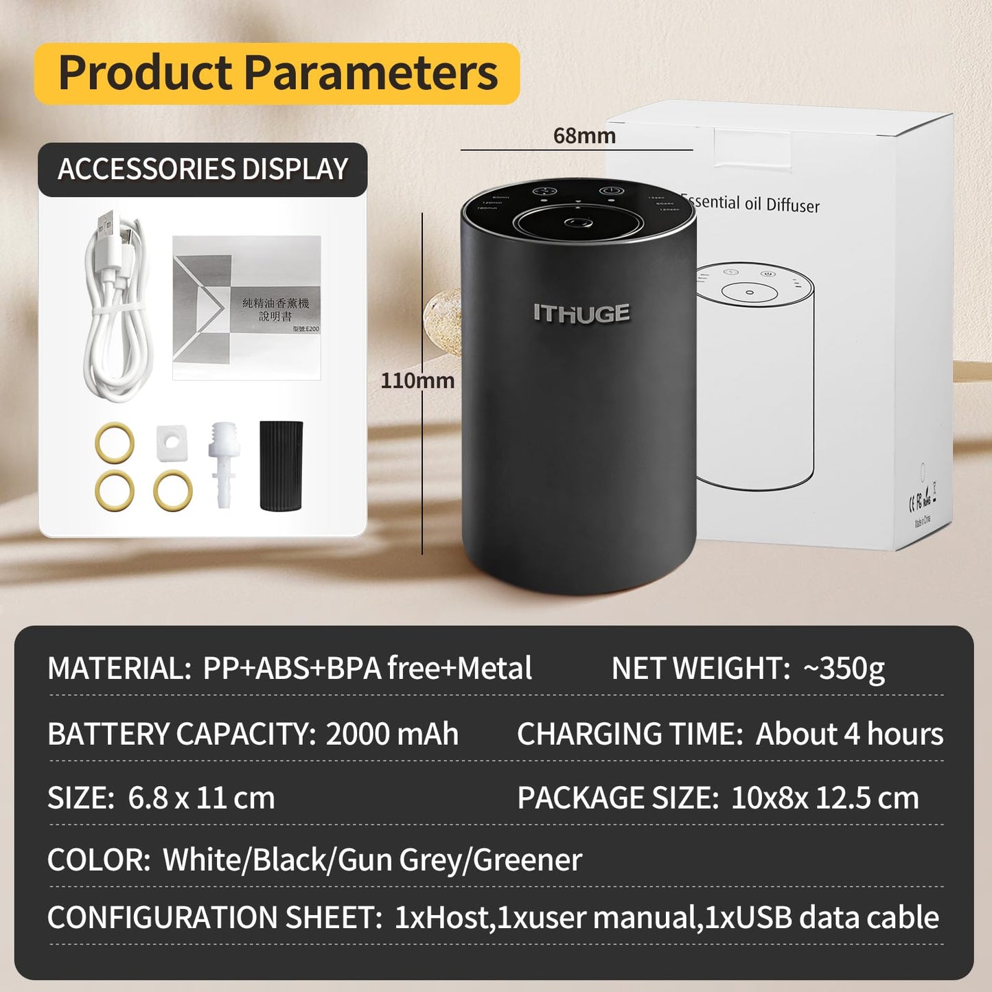 ITHUGE Waterless Diffuser E200S – Portable Battery-Operated Aromatherapy