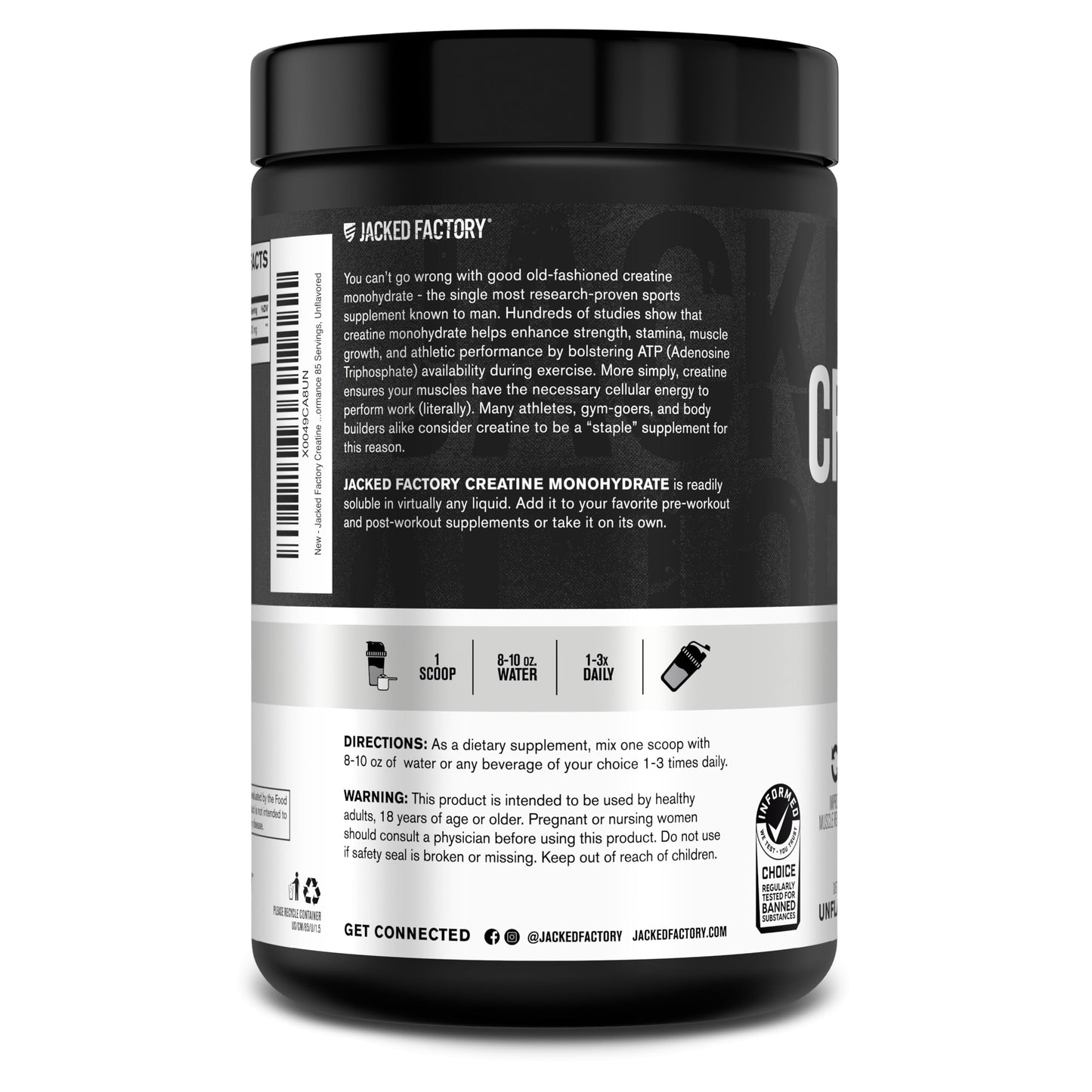 Jacked Factory Creatine Monohydrate Powder 425g – 5g Per Scoop, 85 Servings, Unflavored, Vegan