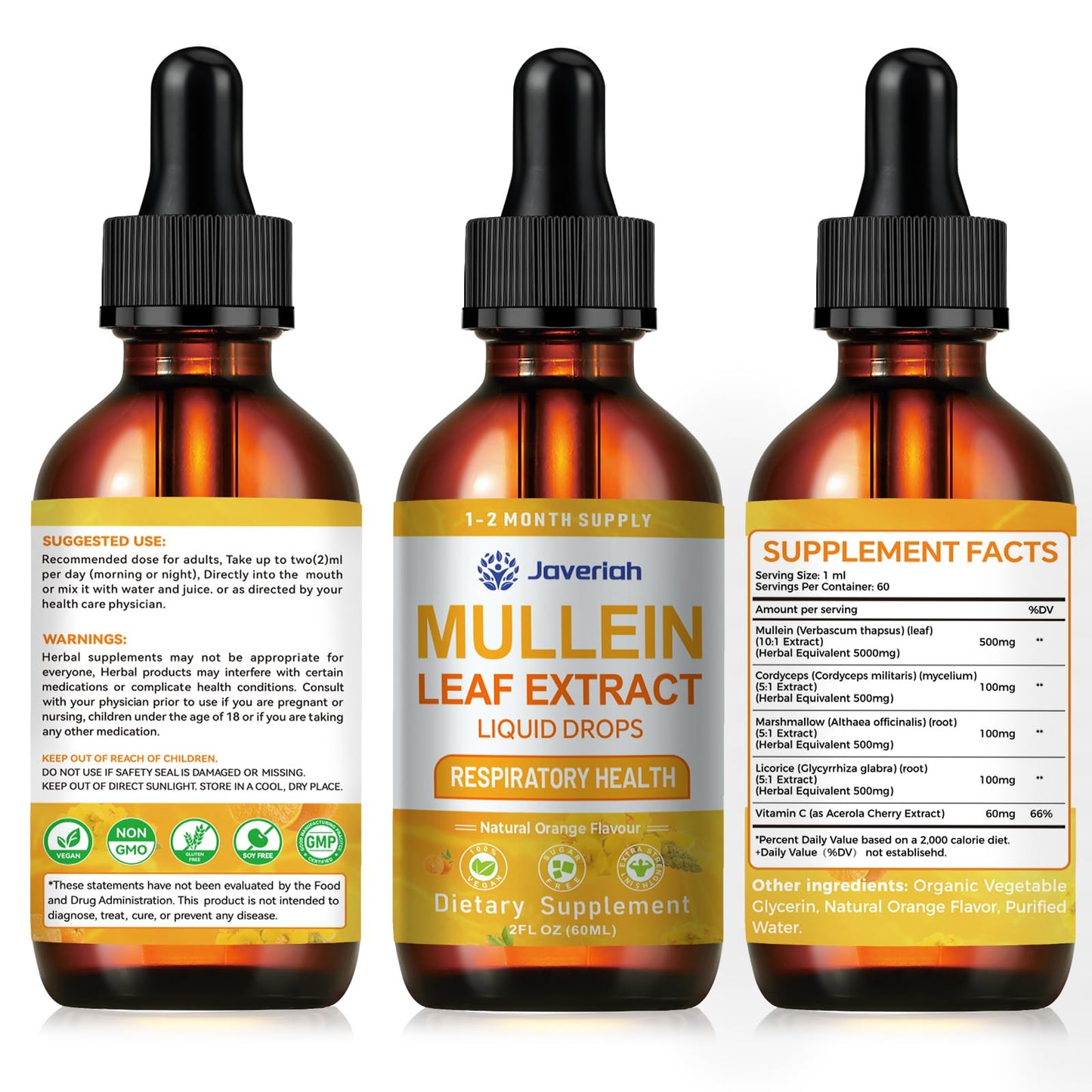 Javeriah Mullein Drops for Lungs Cleanse - 2 Fl Oz with Cordyceps, Marshmallow Root & Licorice Root