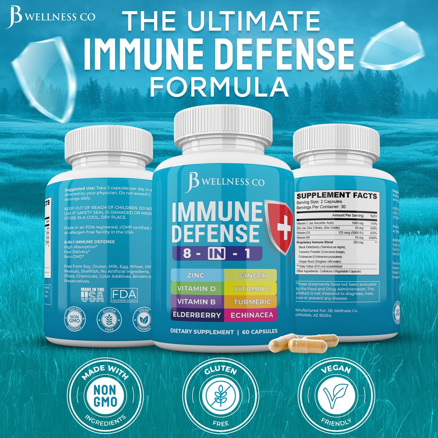 JB Wellness Co Immune Support 8-in-1 Capsules | Zinc, Vitamin D3, Vitamin C & Elderberry - 2-Pack