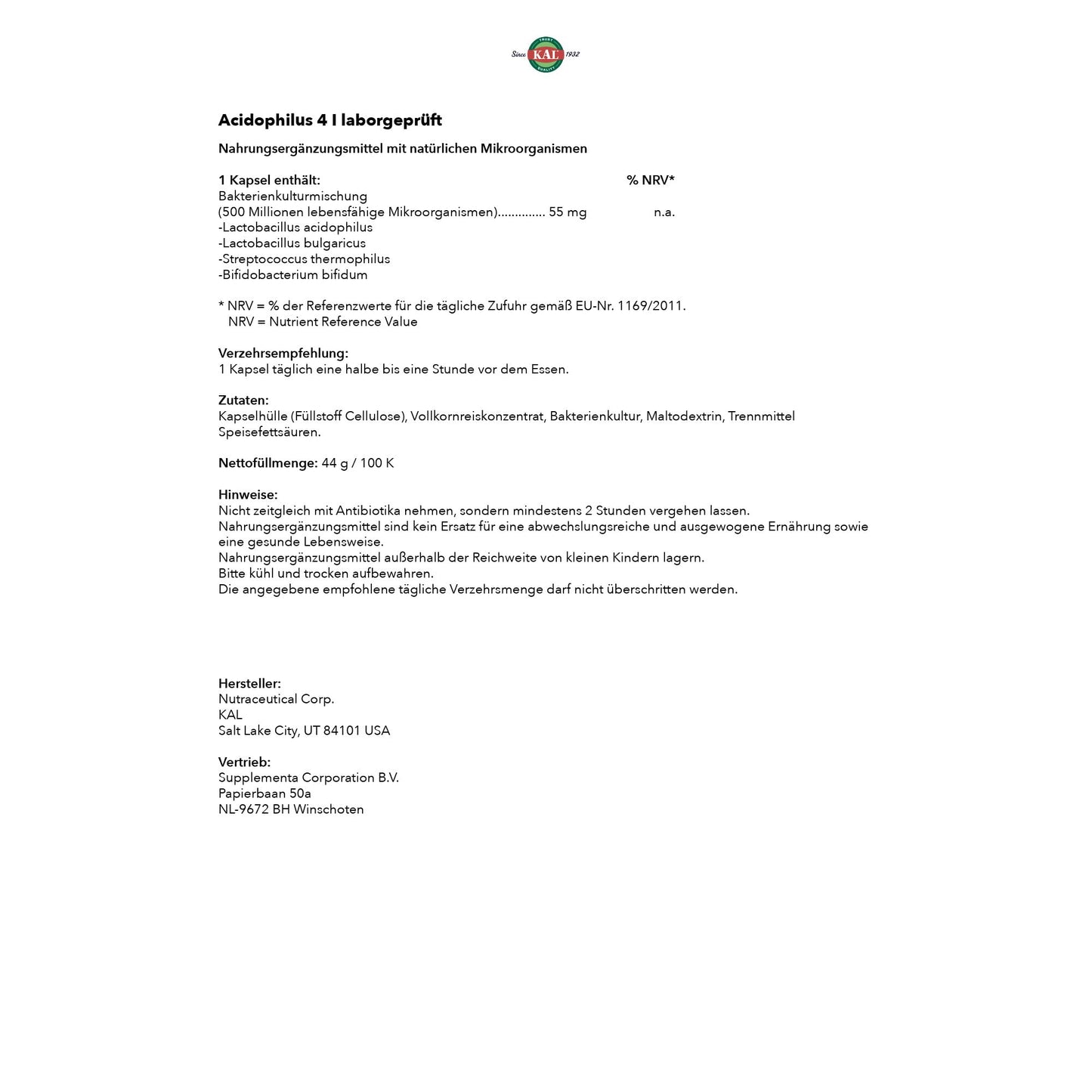 KAL Acidophilus ProBiotic-4 - 500M CFU, 4 Probiotic Strains | 100 Servings
