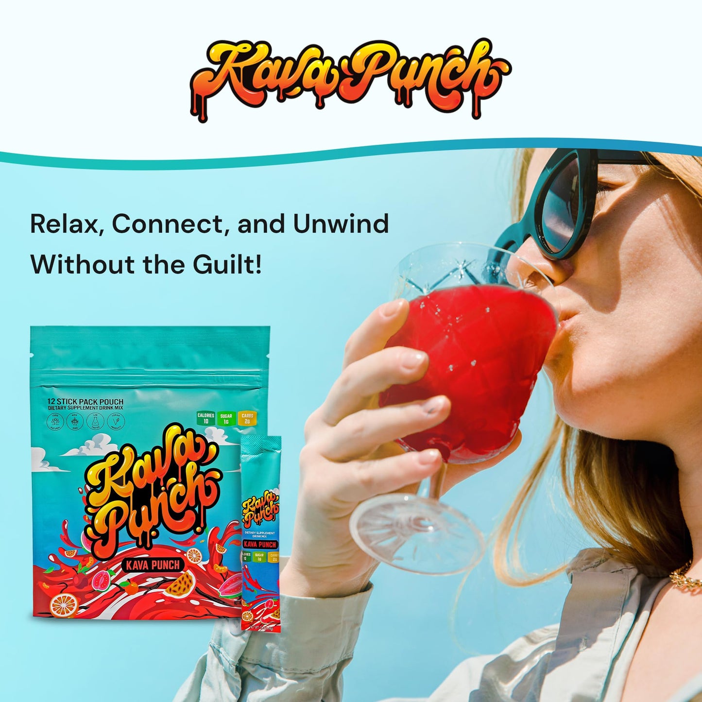 KAVA PUNCH Relaxation Drink Mix – 12-Stick Pack | Non-Alcoholic, Low-Calorie Stress Relief