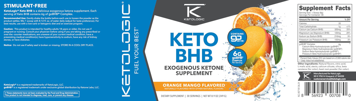 Ketologic Keto BHB Orange Mango – 30 Servings | Exogenous Ketone Supplement with goBHB