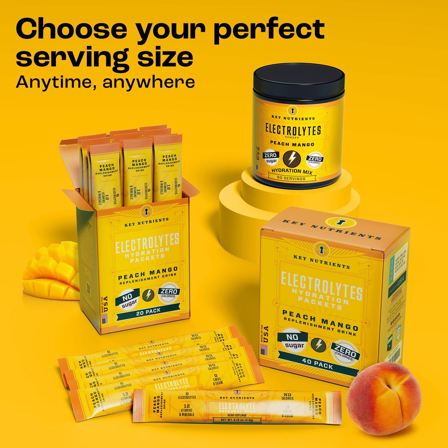 KEY NUTRIENTS Electrolytes Powder Packets – Tropical Peach Mango 20 Pack | No Sugar, Gluten Free, Made in USA