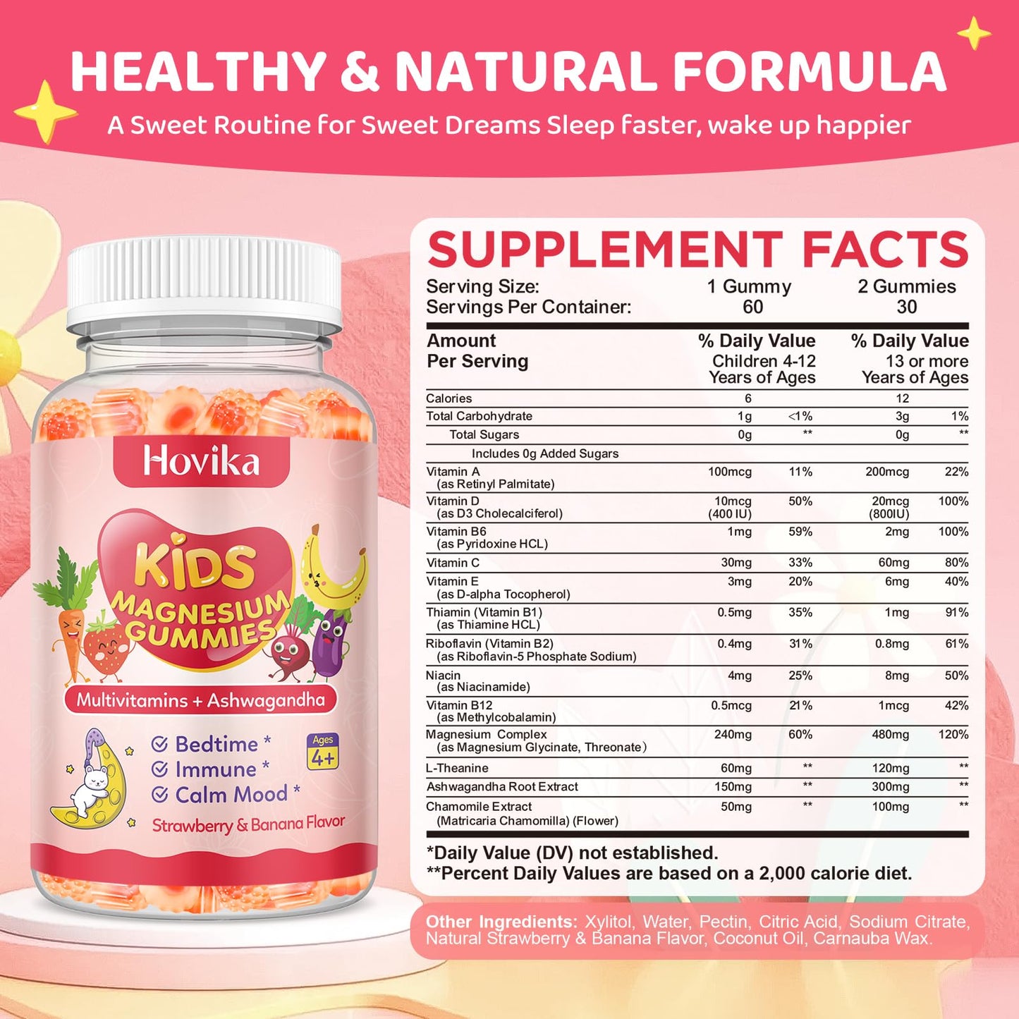 Kids Magnesium Gummies with L-Theanine & Multivitamins – Sleep, Calm & Focus (Strawberry Banana)