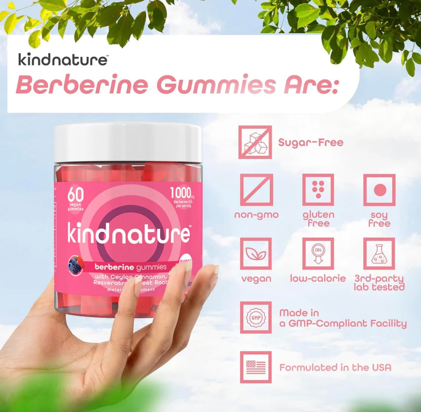 KINDNATURE Berberine Gummies 1000mg - Sugar-Free Vegan for Blood Sugar & Metabolism