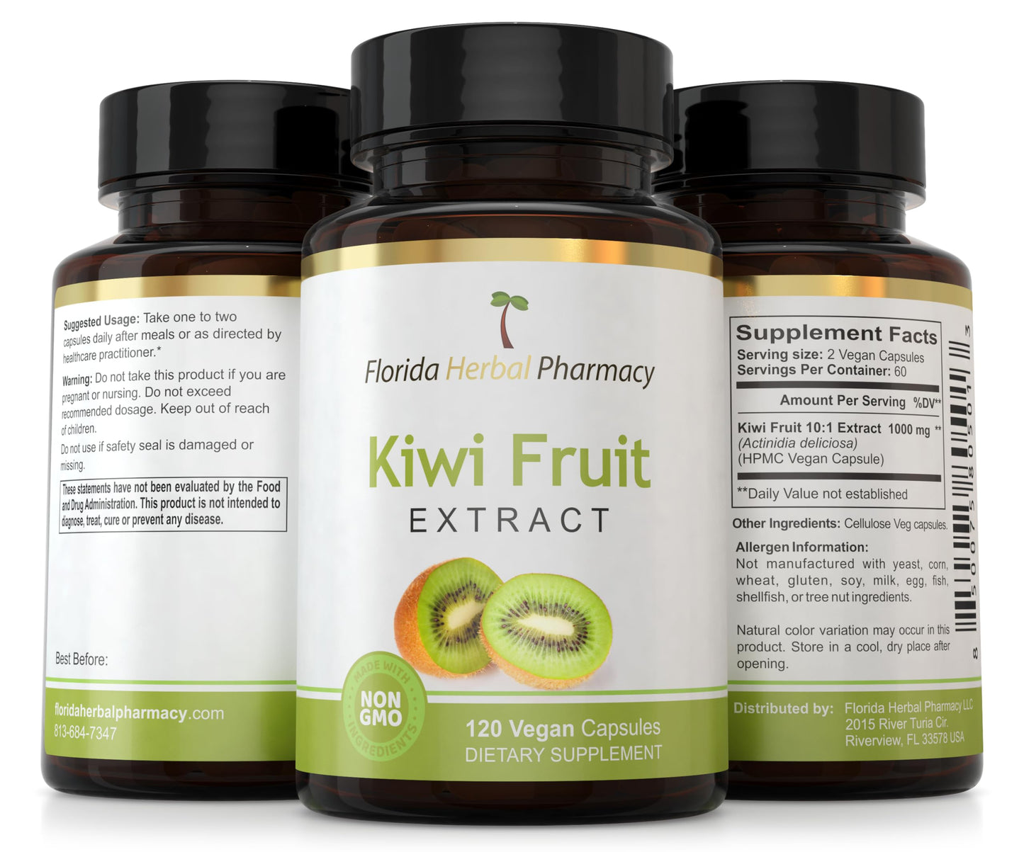Florida Herbal Pharmacy Kiwi Fruit Extract 10:1 Capsules – 120 Caps, 500 mg Each | 1000 mg Serving
