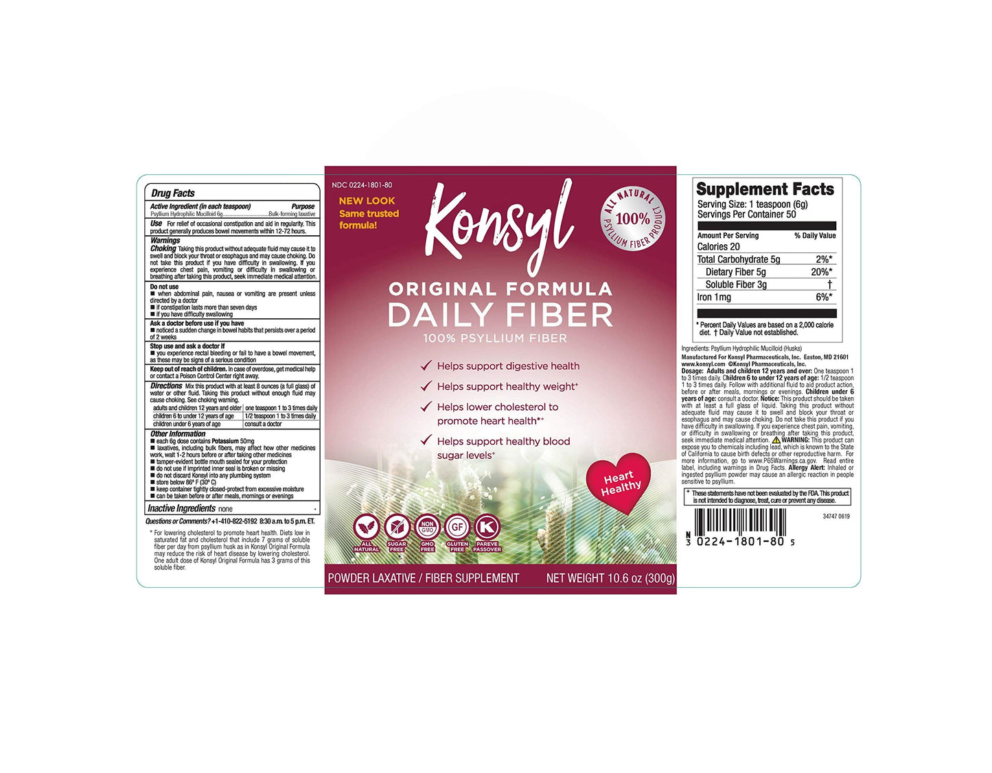 KONSYL PHARMACEUTICALS Original Formula 100% Psyllium Fiber – 10.6 oz Powder