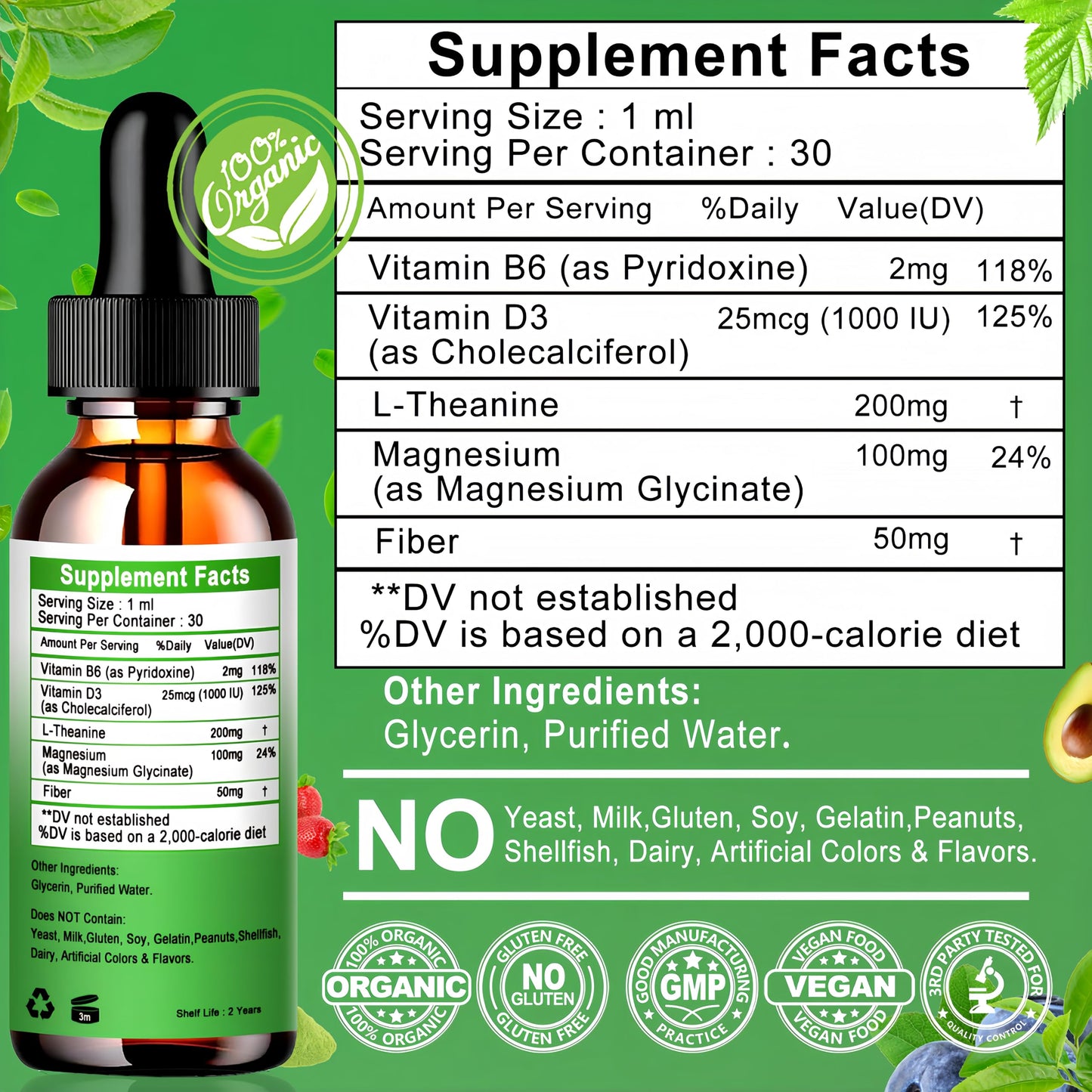 L-Theanine Drops 200mg with Magnesium Glycinate – Plant-Based, Non-GMO | Relaxation, Sleep & Digestive Support