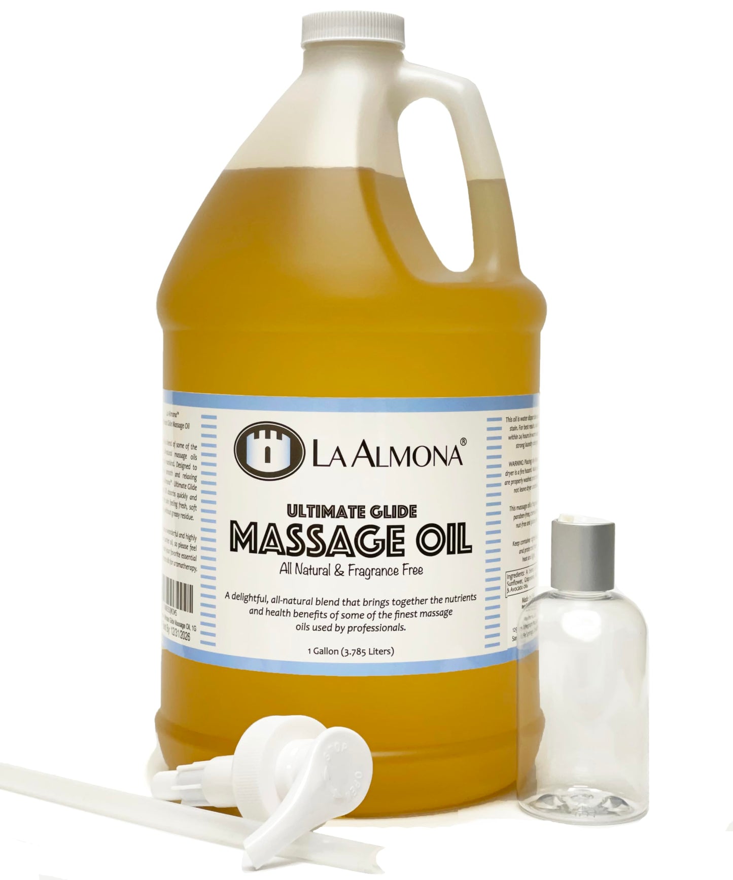 La Almona Ultimate Glide Massage Oil – 1 Gallon with Dispensing Pump & 4oz Bottle