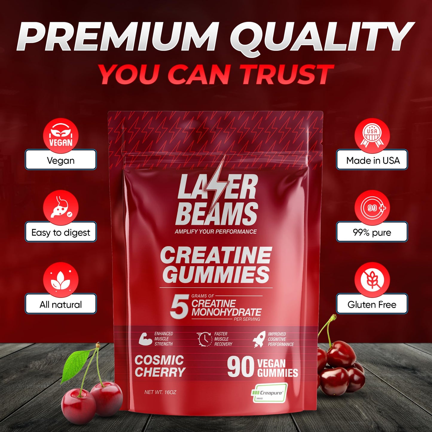 Laser Beams Creatine Monohydrate Gummies – 5g Creapure per Serving, Vegan & Gluten-Free (Strawberry)