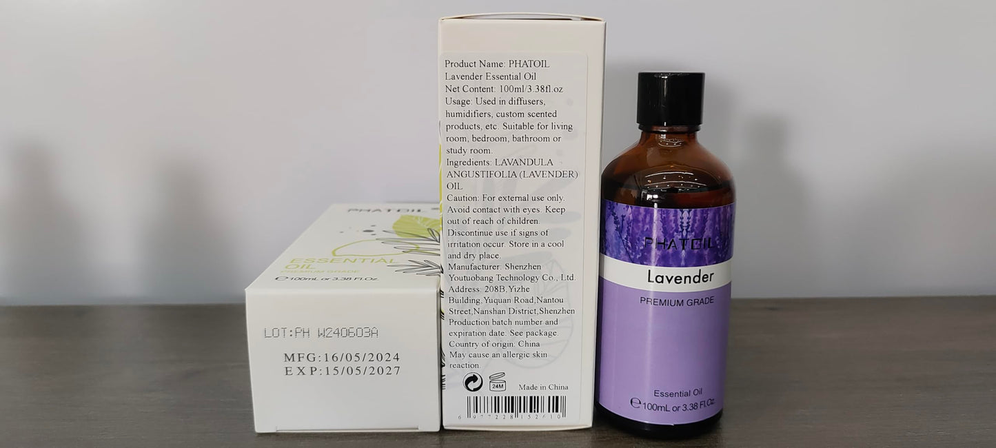 Lavender Essential Oil 3.38 fl oz (100 ml) | PHATOIL Aromatherapy for Diffuser, Humidifier | DIY Soap, Candle & Bath Bombs