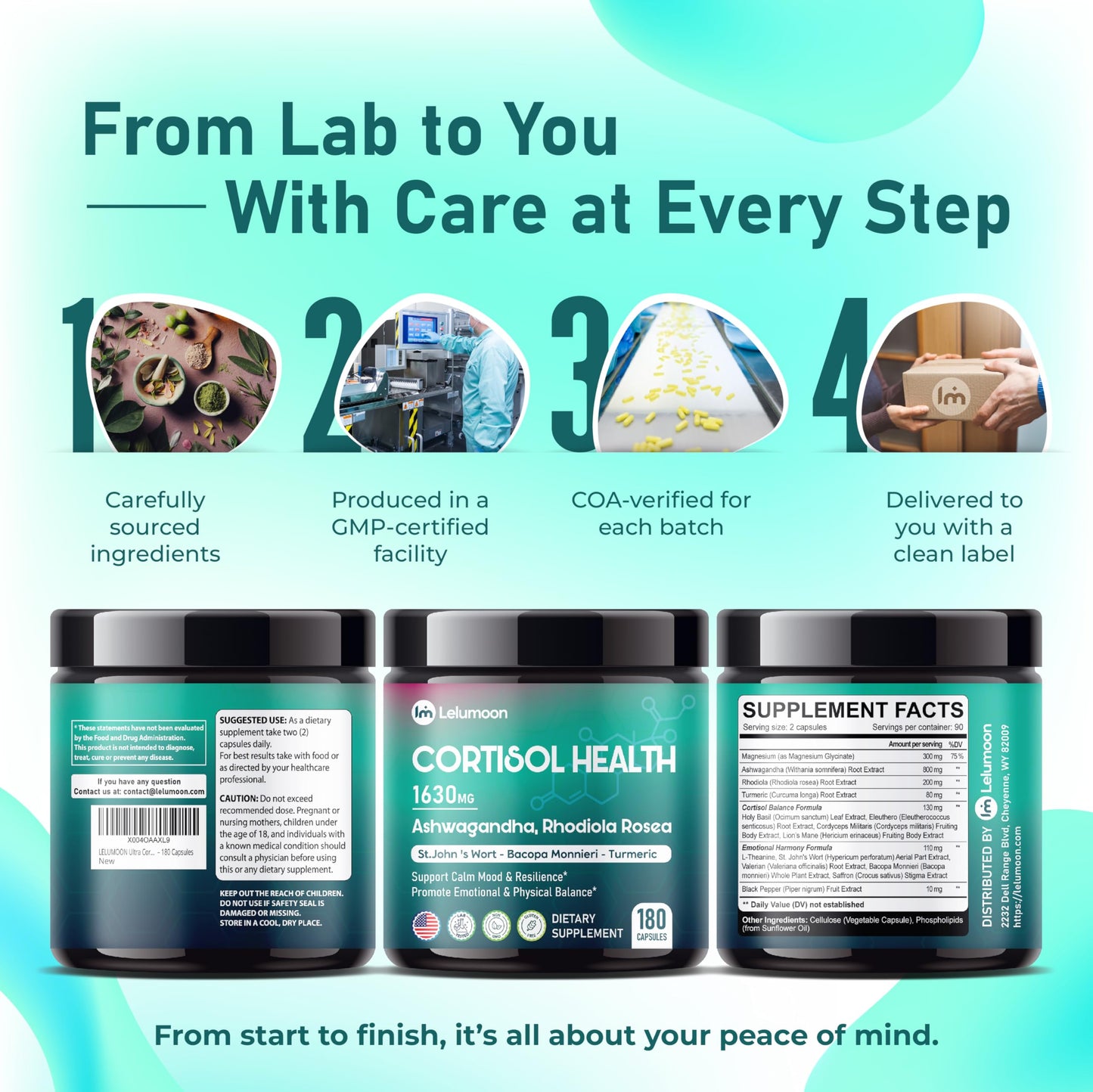 LELUMOON Ultra Cortisol Health 1630 mg – Mood & Resilience Support | Made in USA | 180 Capsules