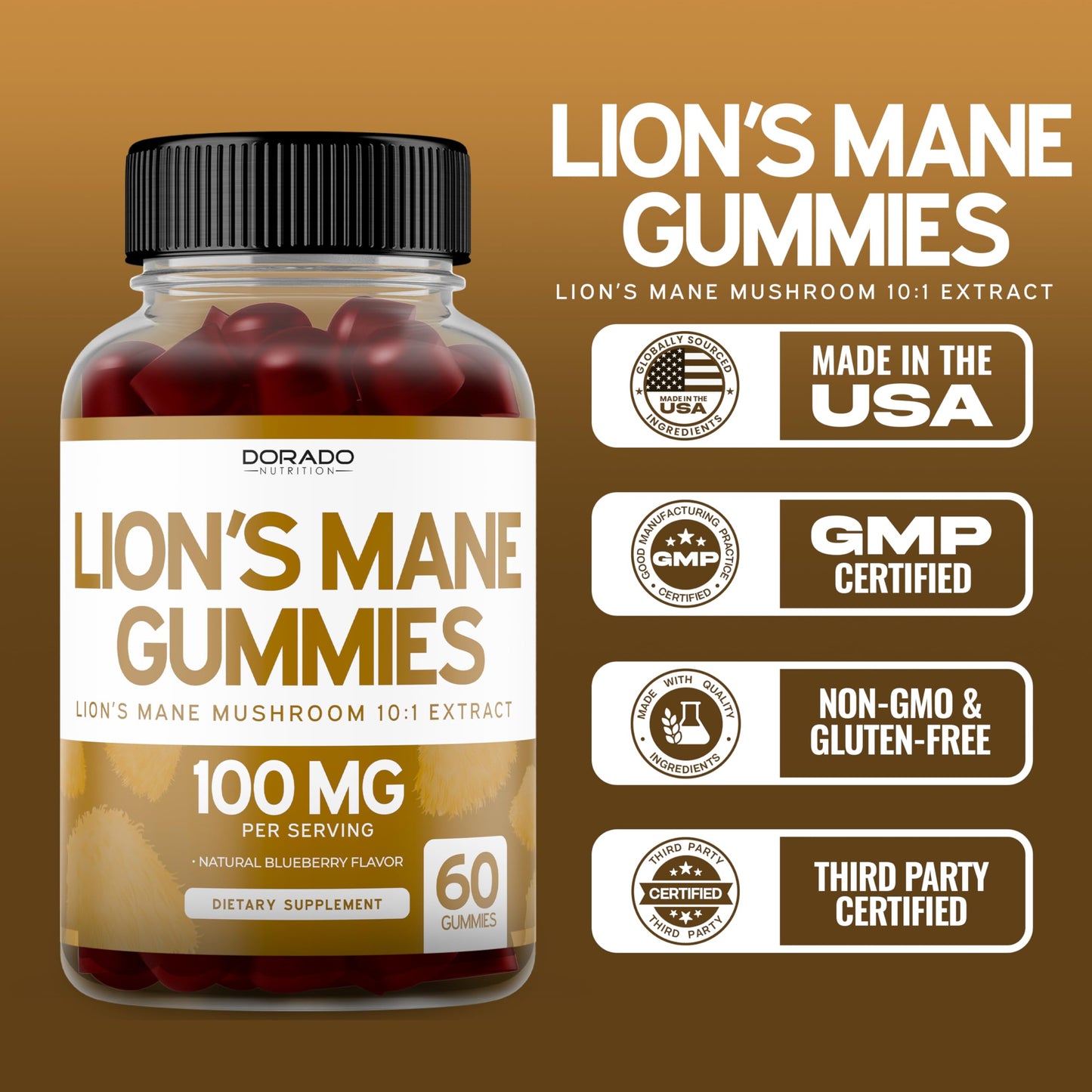Lions Mane Gummies 60 Count – Blueberry Flavor, Brain Support, USA Made