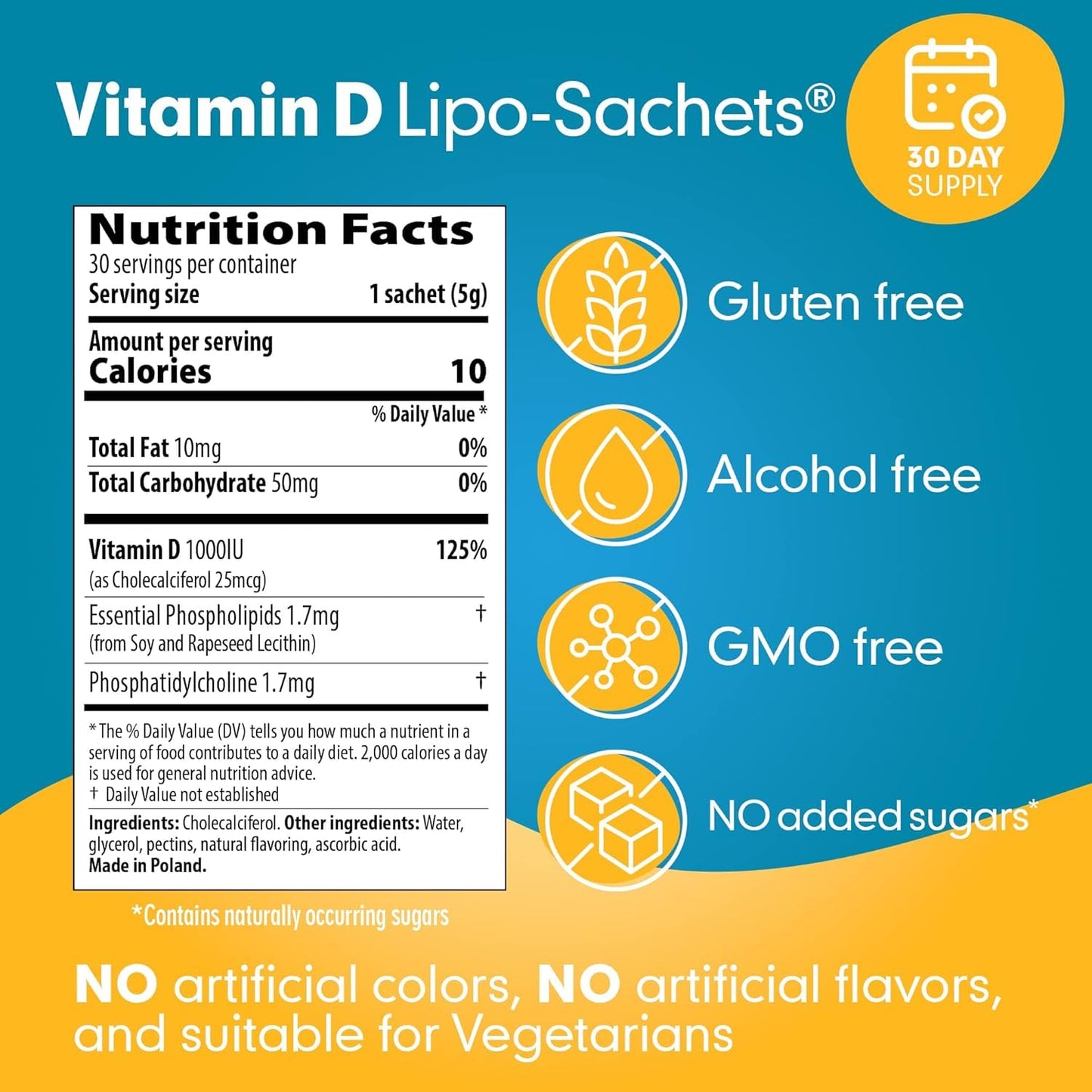 Lipo-Sachets Liposomal Vitamin D3 – 1000IU per Serving, Immune Support, High Absorption, GMO Free, 30 Packets