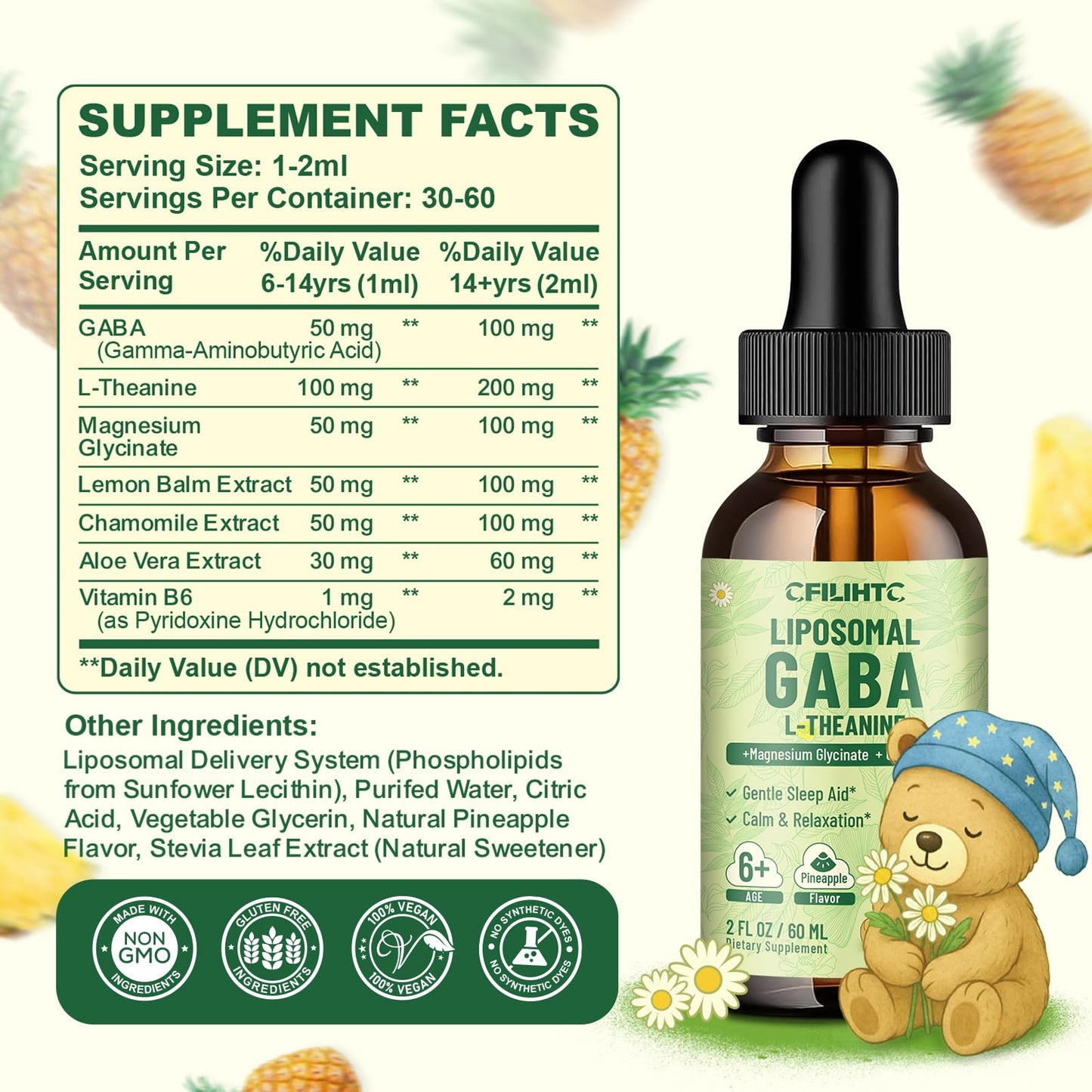 2 Pack Liposomal GABA L-Theanine Drops for Kids – Pineapple | Calm, Focus & Stress Relief