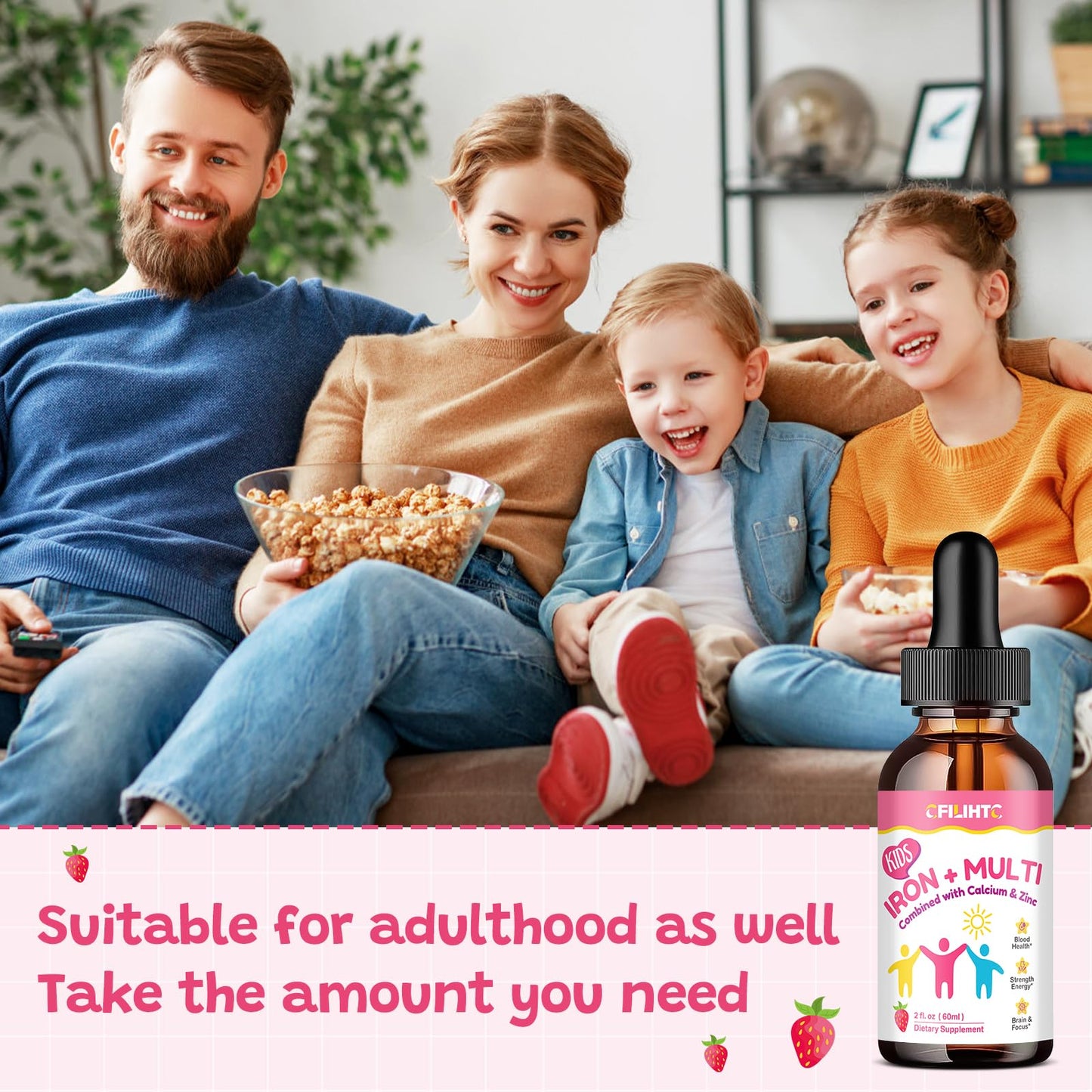 Liquid Iron Supplement for Kids, Women & Men – 2 oz, Calcium & Zinc