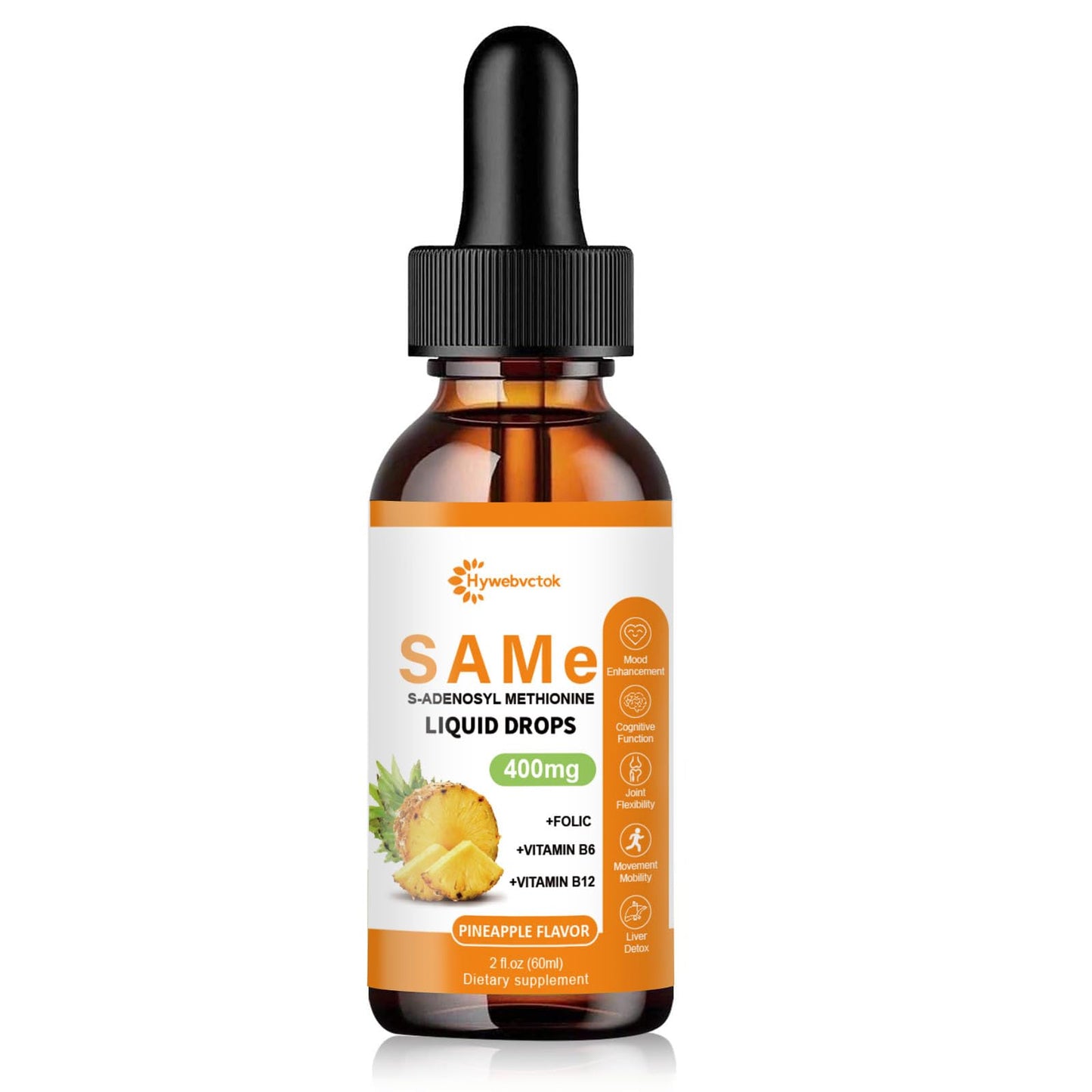 Liquid SAM-e Drops 2 Oz - 400mg SAM-e with B6, B12 & Folate | Pineapple Flavor | 98% Absorption | Joint & Liver Health | 0 Sugar
