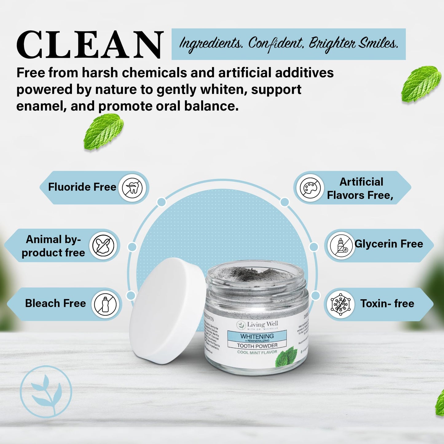 Living Well with Dr. Michelle: Remineralizing & Whitening Tooth Powder – Cool Mint, Fluoride-Free Hydroxyapatite