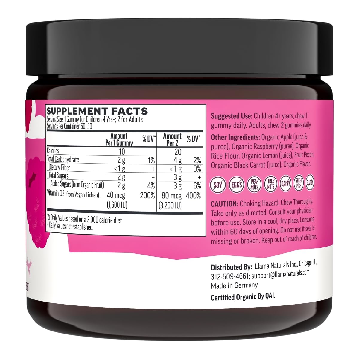 Llama Naturals Vitamin D3 Gummies - Vegan, Organic, 60 Ct