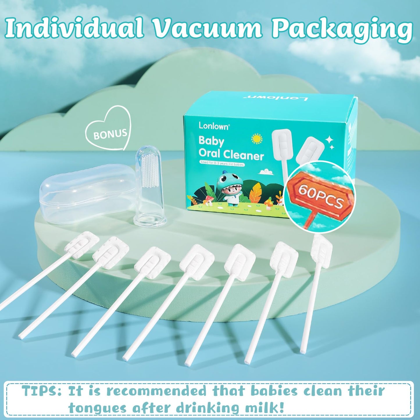 Lonlown 60Pcs Baby Tongue Cleaner & 1 Finger Toothbrush – Infant Oral Care Kit