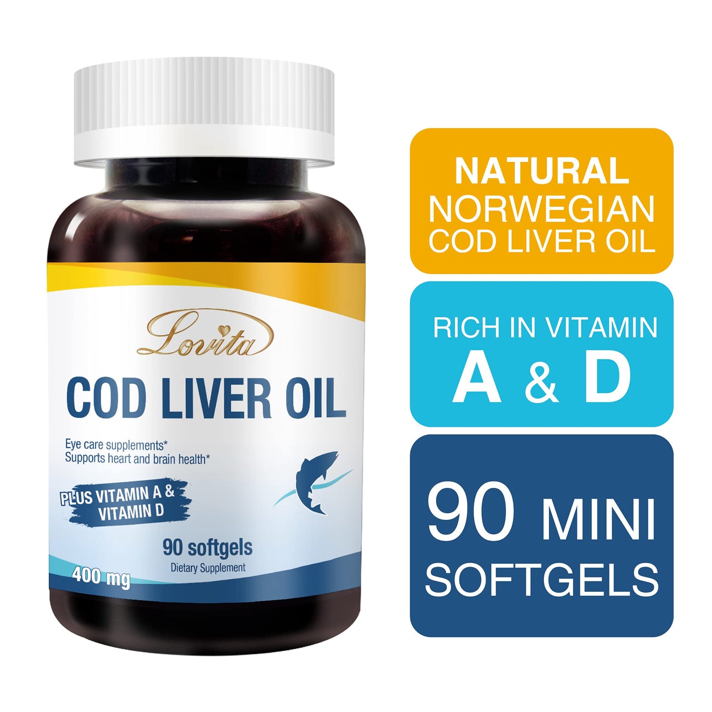 LOVITA Norwegian Cod Liver Oil - High Absorption TG, DHA & EPA, Vitamin A & D, 90 Softgels