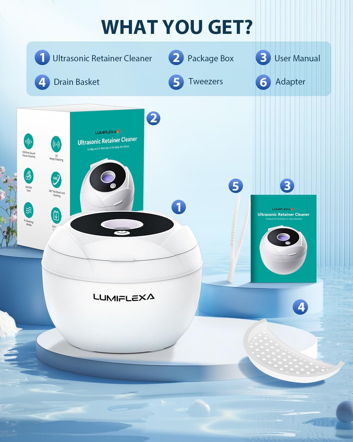 Lumiflexa Ultrasonic Retainer Cleaner – 45kHz, 4 Modes, 200ml Dental Pod (White)