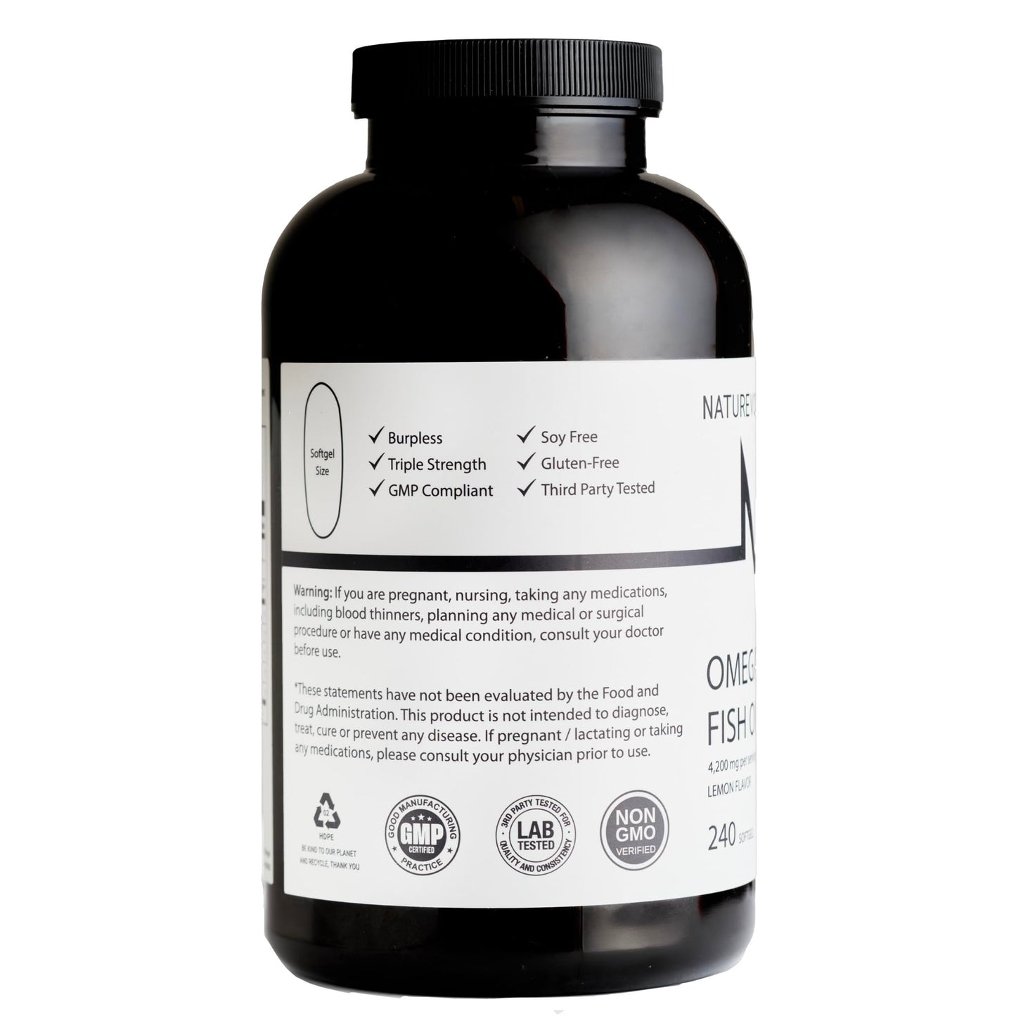 Triple Strength Omega-3 Fish Oil 4200mg – Burpless, Wild-Caught, Lemon | 240 Softgels