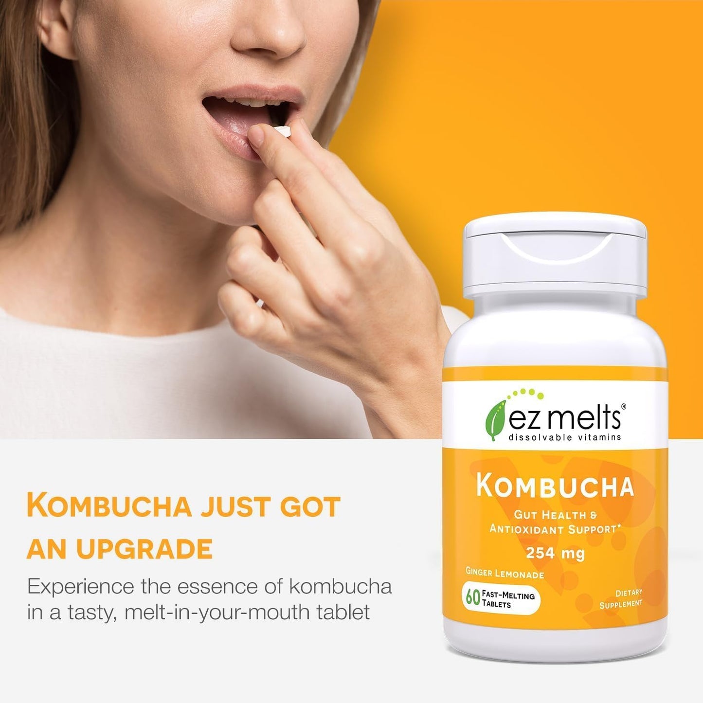 EZ Melts Sugar-Free Kombucha Tablets with SCOBY & ACV – Ginger Lemonade, 2-Pack (2-Month Supply)