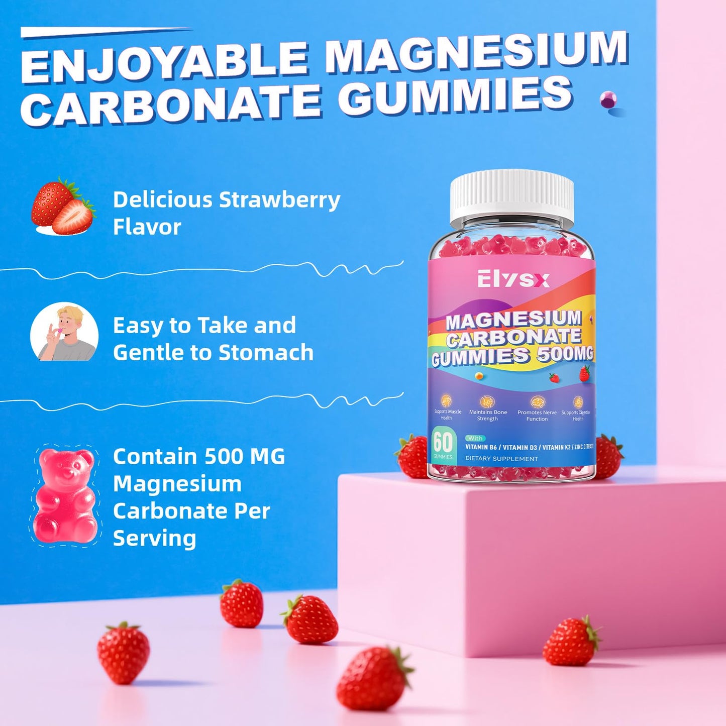 Magnesium Carbonate 500mg Gummies – 60 Ct, Strawberry Chewables with D3, K2, B6 & Zinc