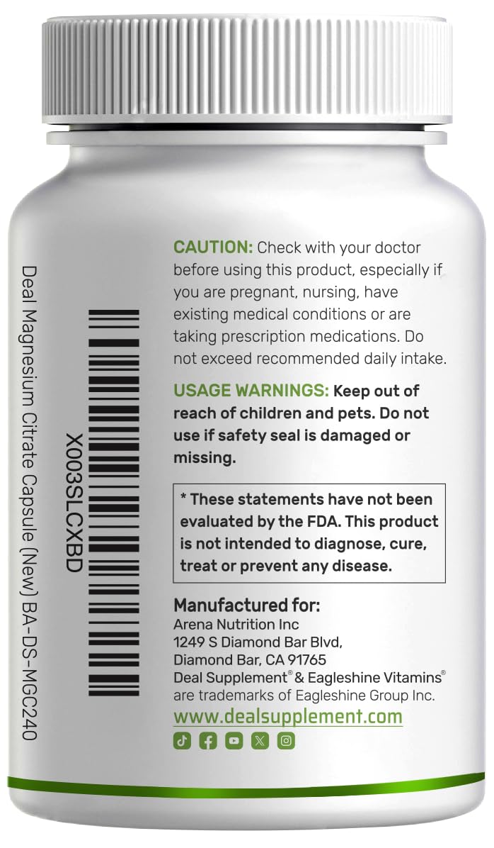 Magnesium Citrate 500mg | 240 Capsules | Easily Absorbed, Non-GMO | Muscle, Heart & Digestive Support