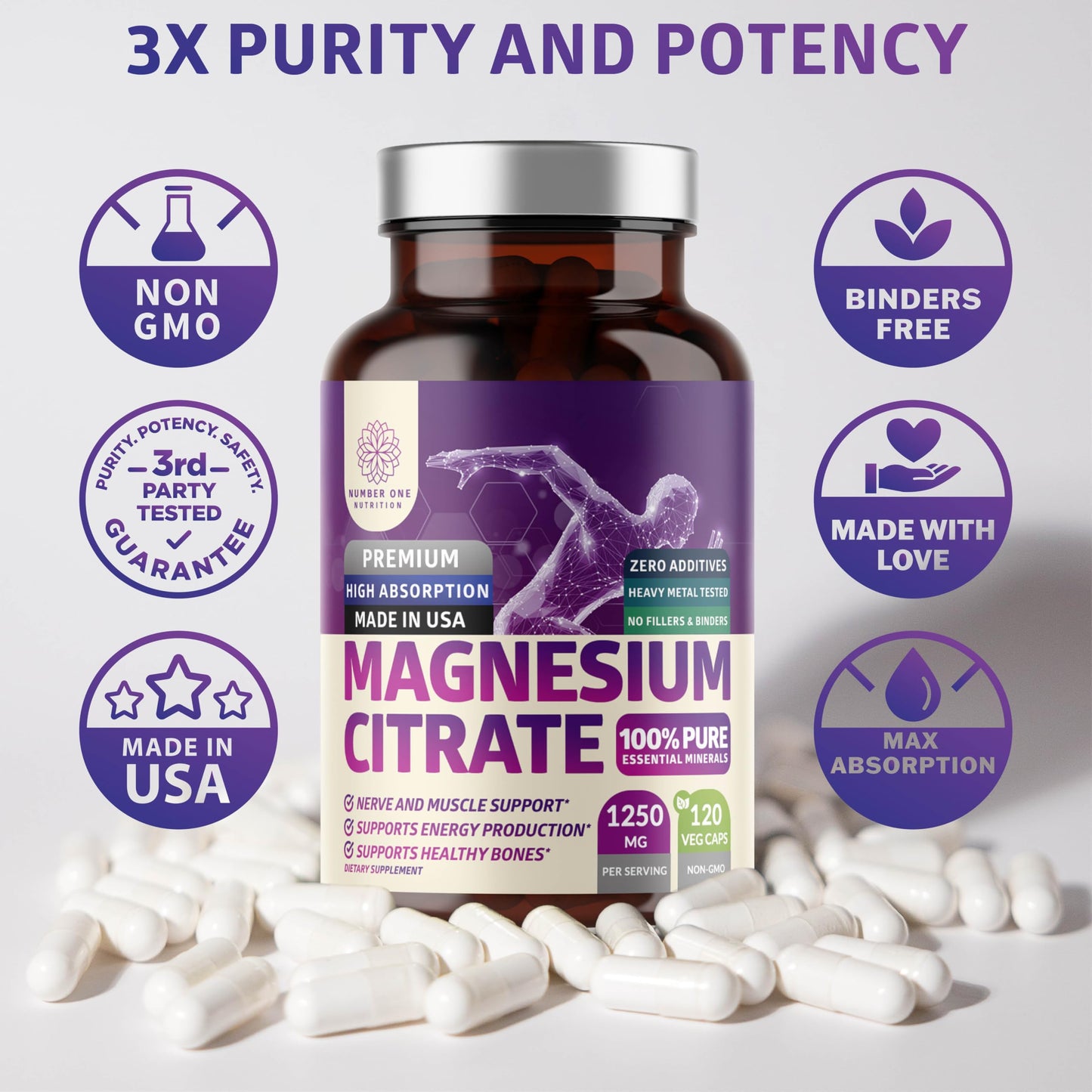 Pure Magnesium Citrate Capsules 1250mg | 120 Caps | Muscle & Digestive Support