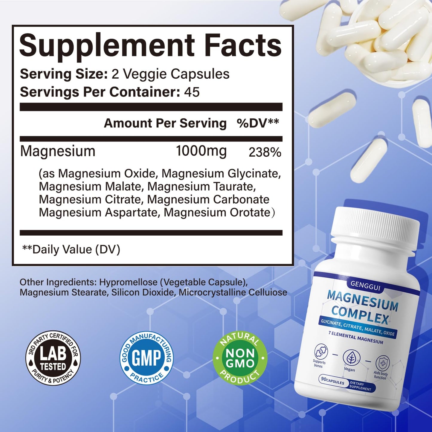 Magnesium Complex 1000mg – 8 Forms (Glycinate, Citrate, Malate) – Vegan, Non-GMO