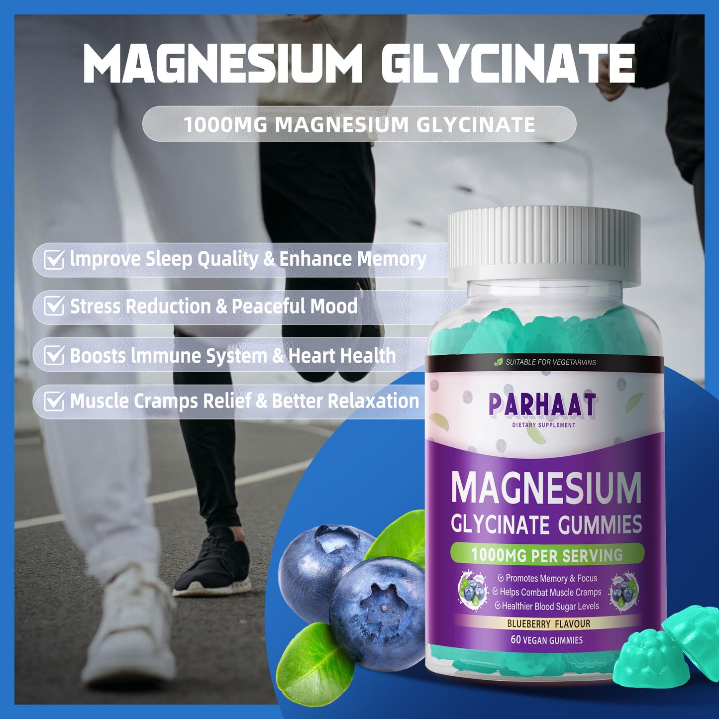 Magnesium Glycinate Gummies – Sugar Free Blueberry with Vitamin D, B6, CoQ10 | 120 Chews