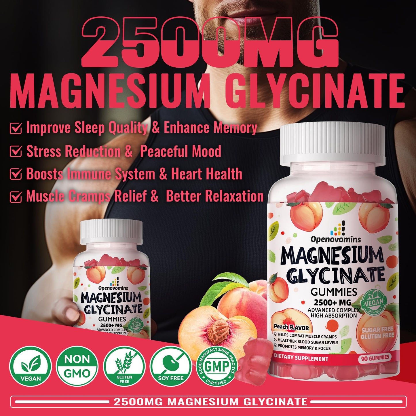 Magnesium Glycinate Gummies 2500mg - Sugar Free Magnesium Potassium with Vitamin D, B6, CoQ10 | 90 Peach Gummies
