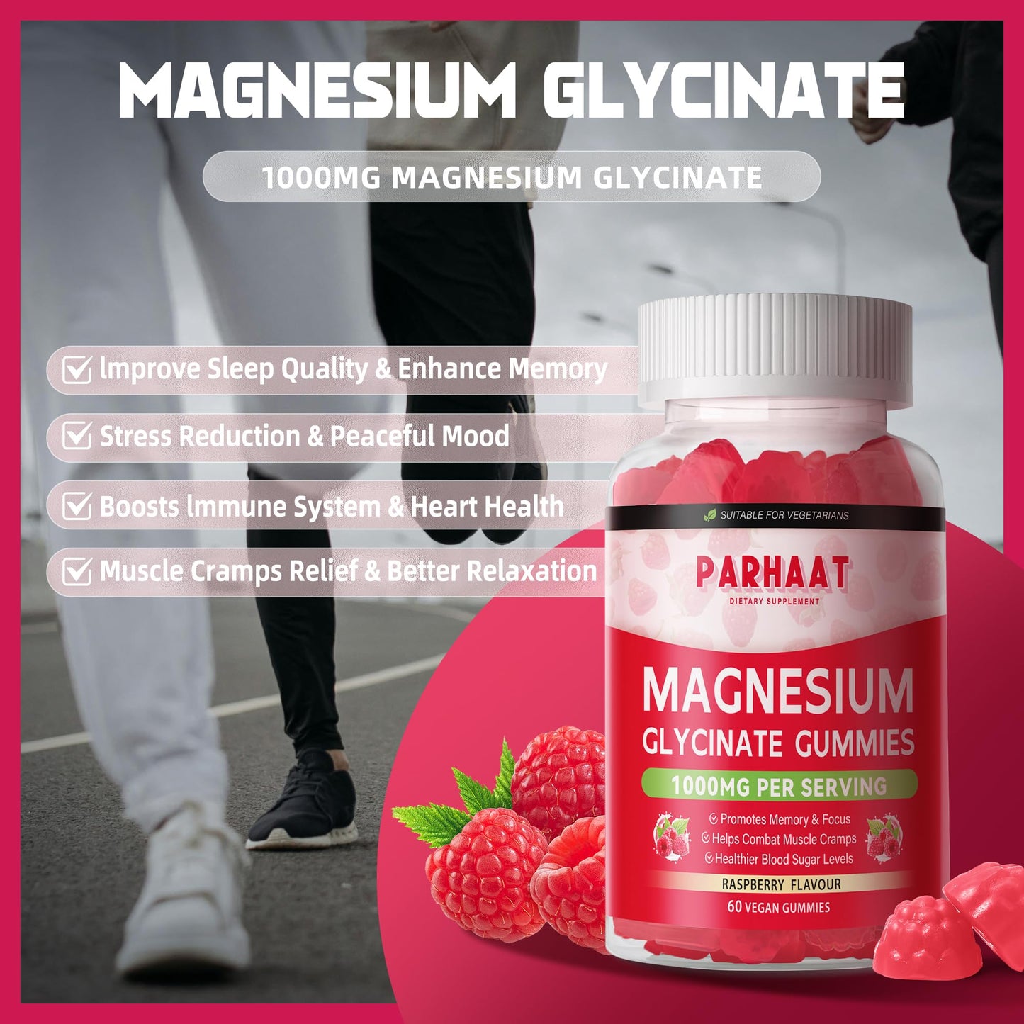 Magnesium Glycinate Gummies Raspberry - Sugar Free Magnesium Potassium Supplement with Vitamin D, B6, CoQ10 | 60 Chews