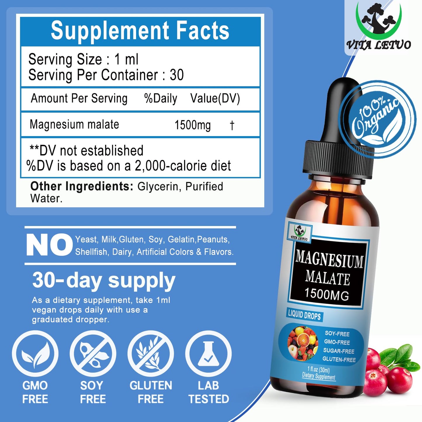 Magnesium Malate Liquid Drops | High Absorption Liquid Magnesium Supplement for Healthy Energy & Muscle Function Support - Magnesium Malate 1500mg for Adults Women & Men | Non-GMO - 30 Servings