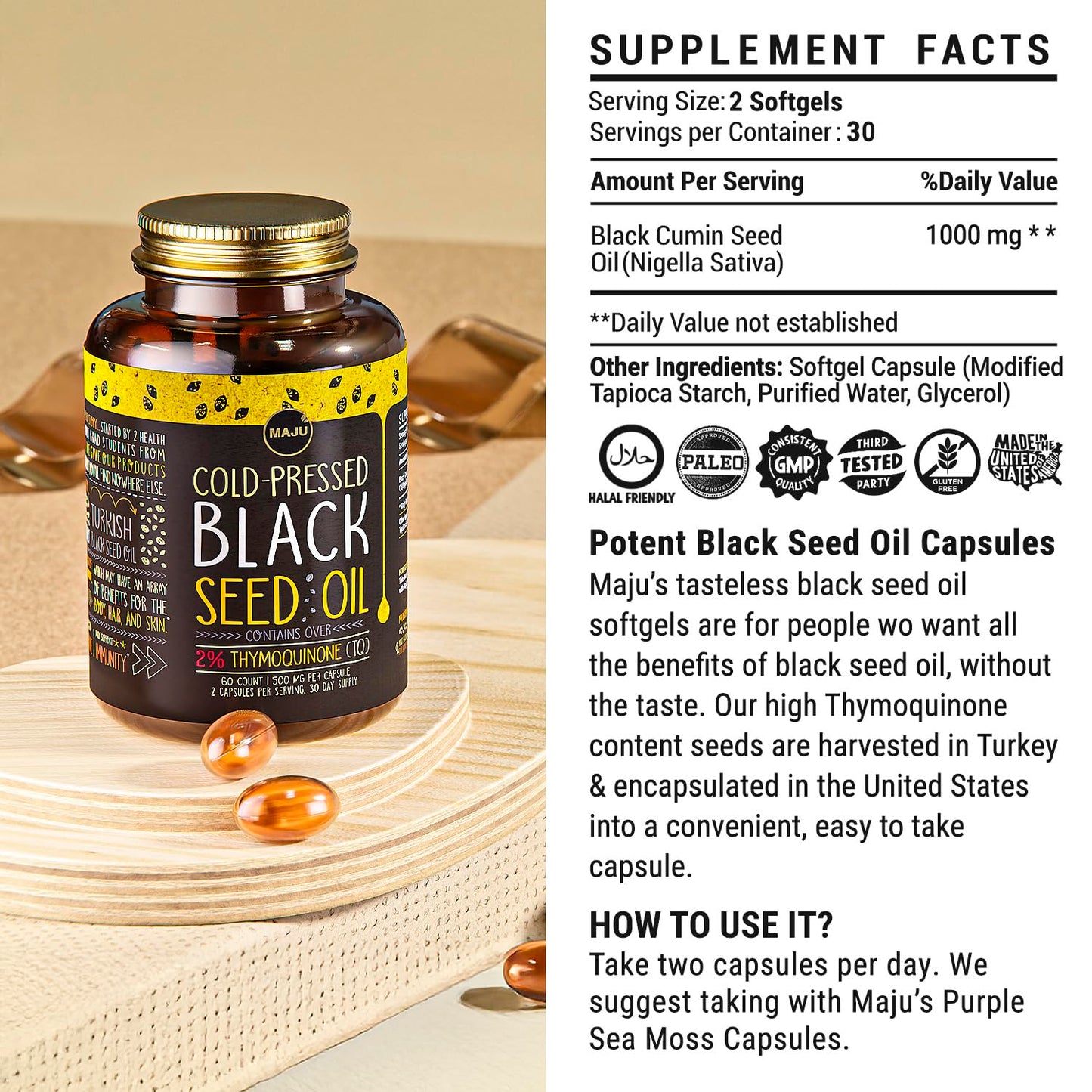 Maju Black Seed Oil Capsules – Cold Pressed Turkish Nigella Sativa, 500mg, 60 Count BritishVita | Premium UK Vitamins & Wellness Supplements