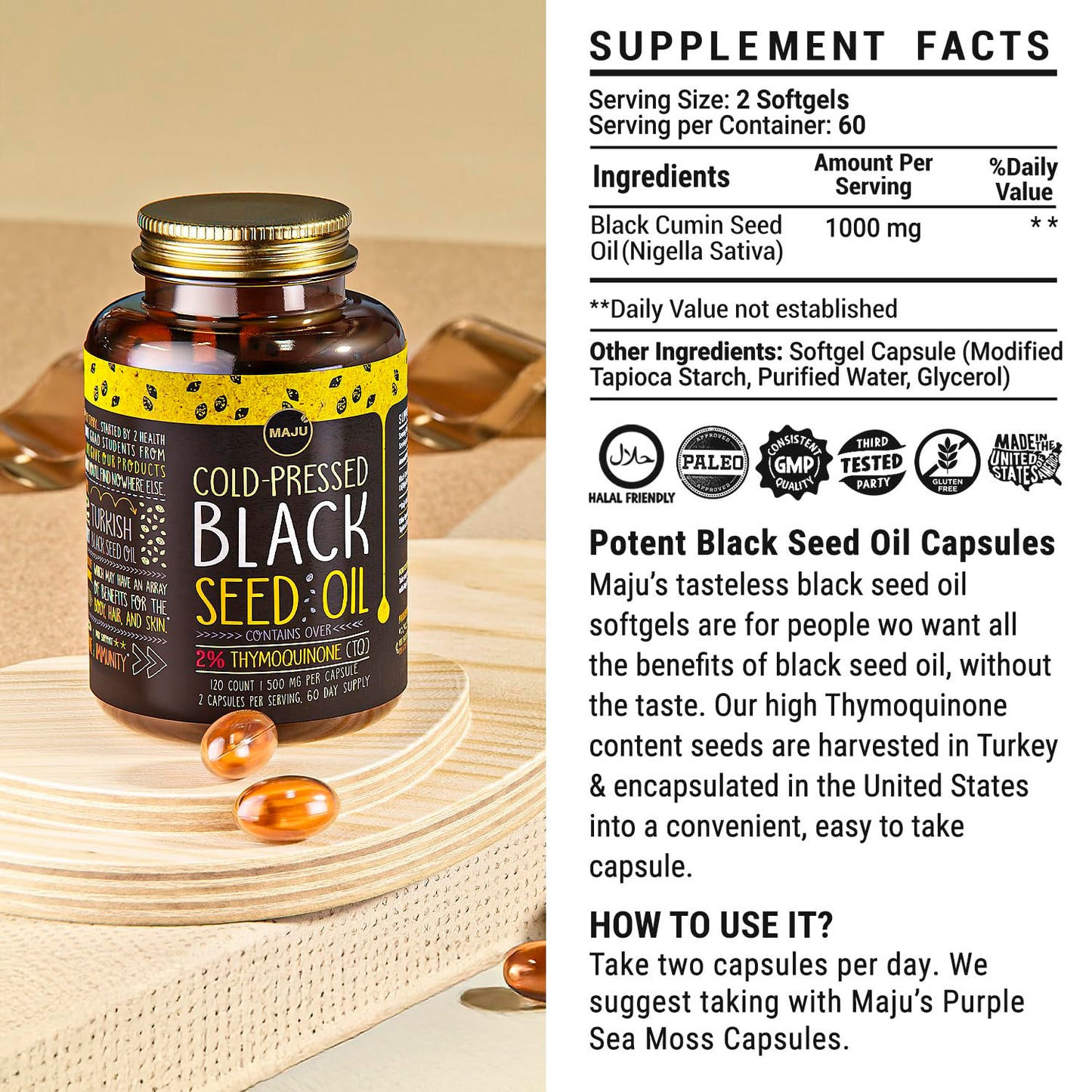 Maju Superfoods Black Seed Oil Capsules – 120 Count, 500mg, Cold-Pressed Nigella Sativa, 2% Thymoquinone, Organic Turkish Black Cumin