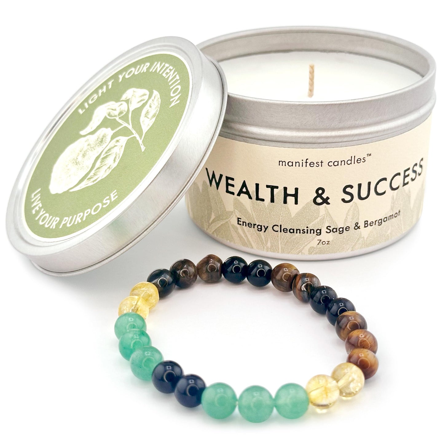 Manifest Sage & Bergamot Money Candle with Wealth Bracelet – 45 Hour Burn