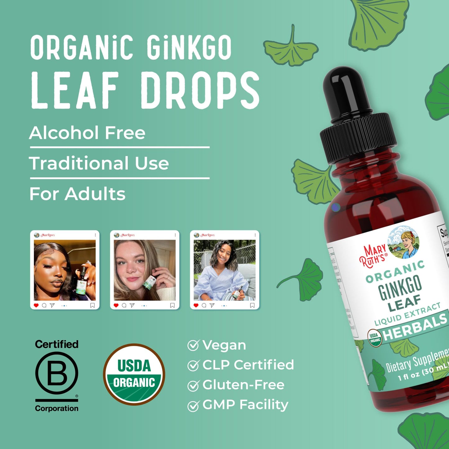 MaryRuth Organics Ginkgo Leaf Liquid Drops | Organic Nootropic Supplement | 60 Servings