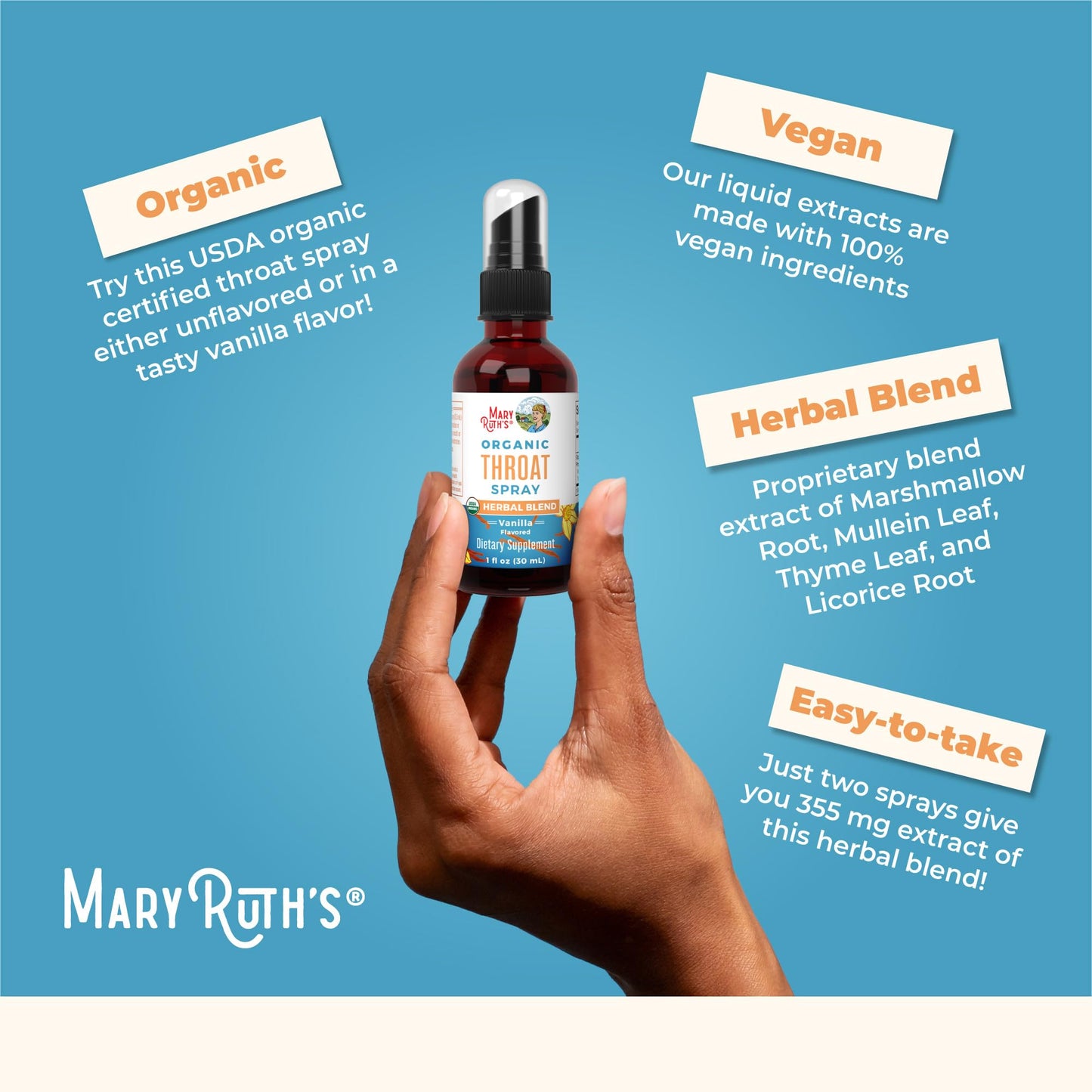 MaryRuth Organics Throat Spray – USDA Organic, 4-Herb Blend, Vanilla, 1 Fl Oz