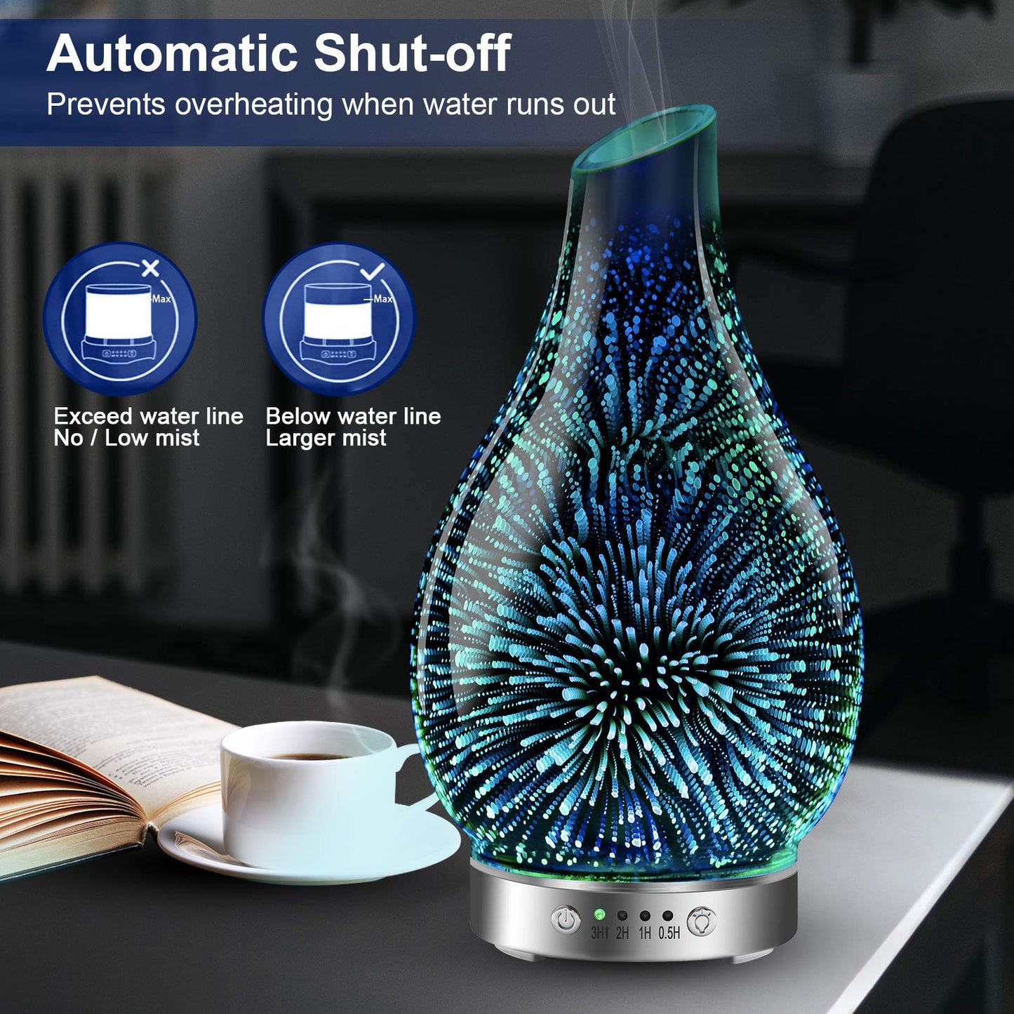 MAXWINER 120ml Ultrasonic 3D Glass Essential Oil Diffuser – Auto Shut-Off, 7 Color LED