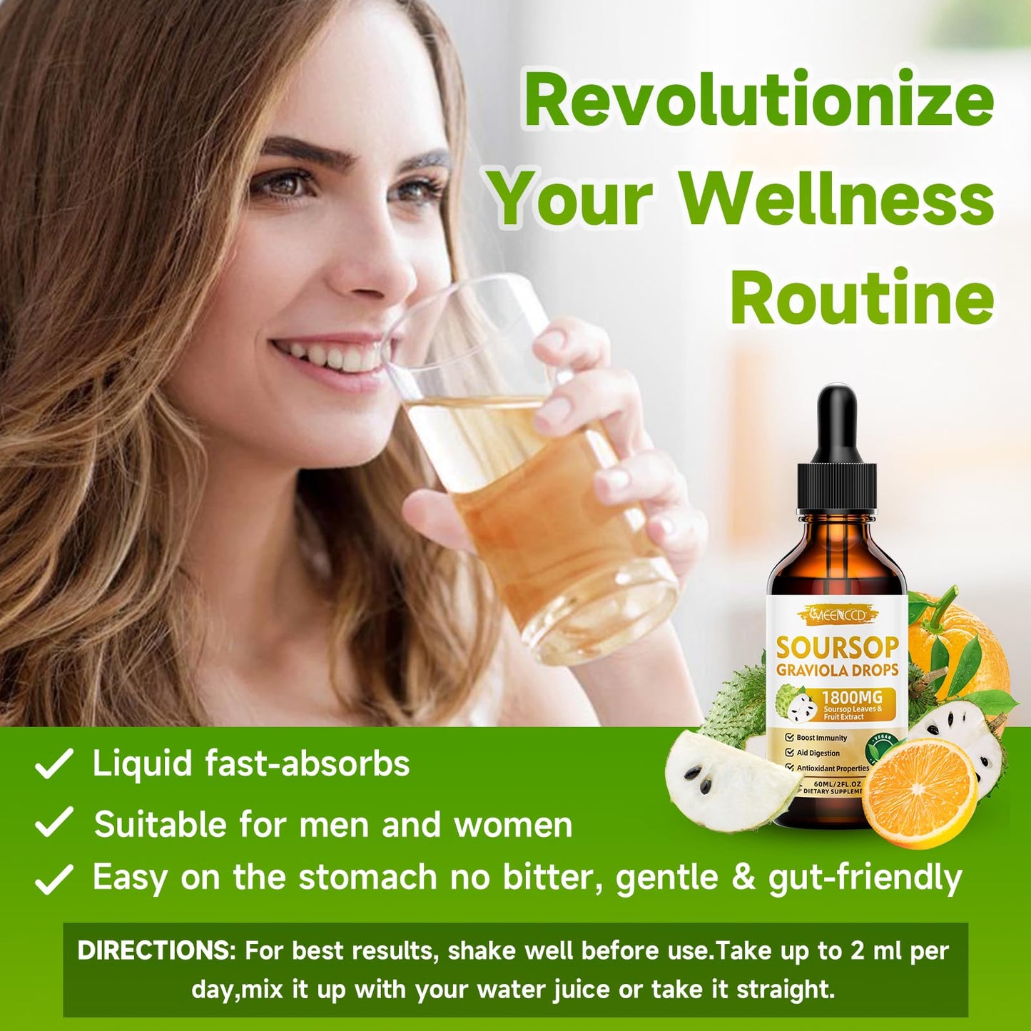 MEENCCD Soursop Graviola Liquid Drops 1800mg – Immune Support, Antioxidant, Orange Flavor, 2 fl oz