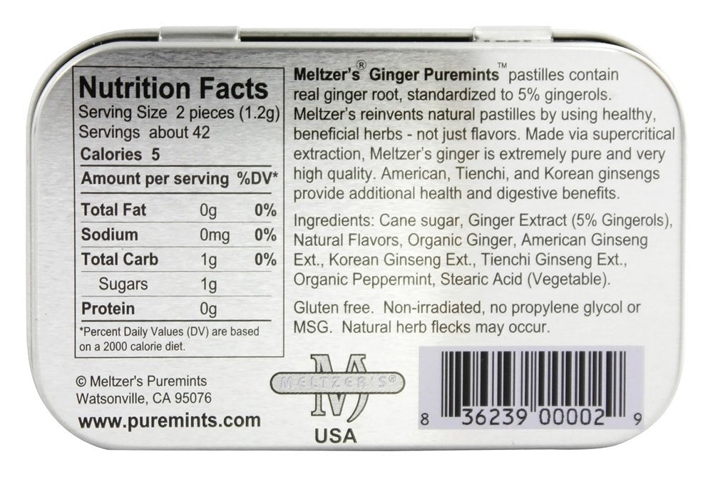 Meltzer's Puremints Ginger - 1.76 oz | Real Ginger Pastilles, 100% Natural