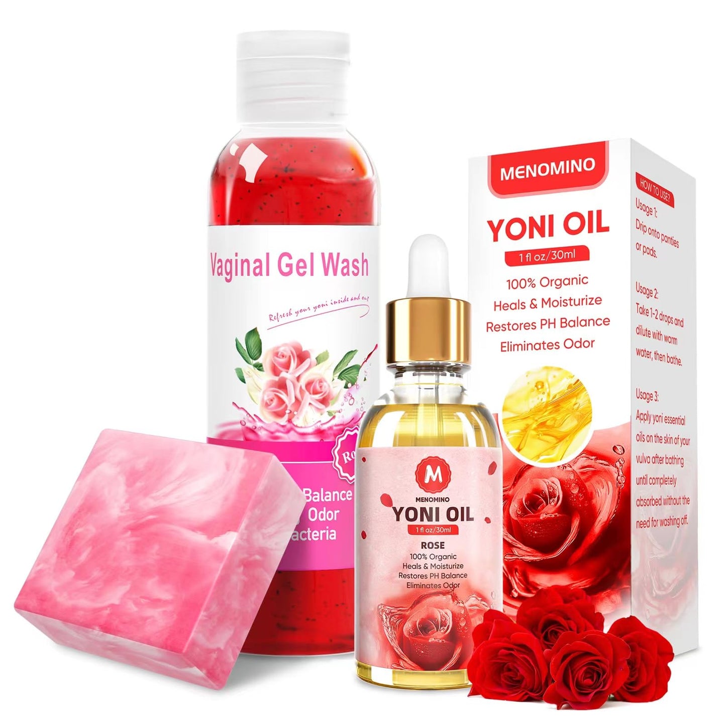 MENOMINO Feminine Wash & Yoni Bar + Yoni Oil PH Balance – Rose Scent, 3.53 oz Bar, 5.07 oz Wash, 1 oz Oil