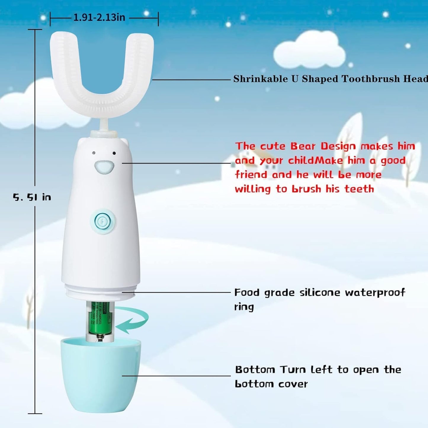 Meqtpomy Kids Electric Toothbrush – 360 U-Shaped Sonic Toothbrush for 2-7 Years Old (Blue) – Waterproof, Battery Powered + 2 Replacement Heads