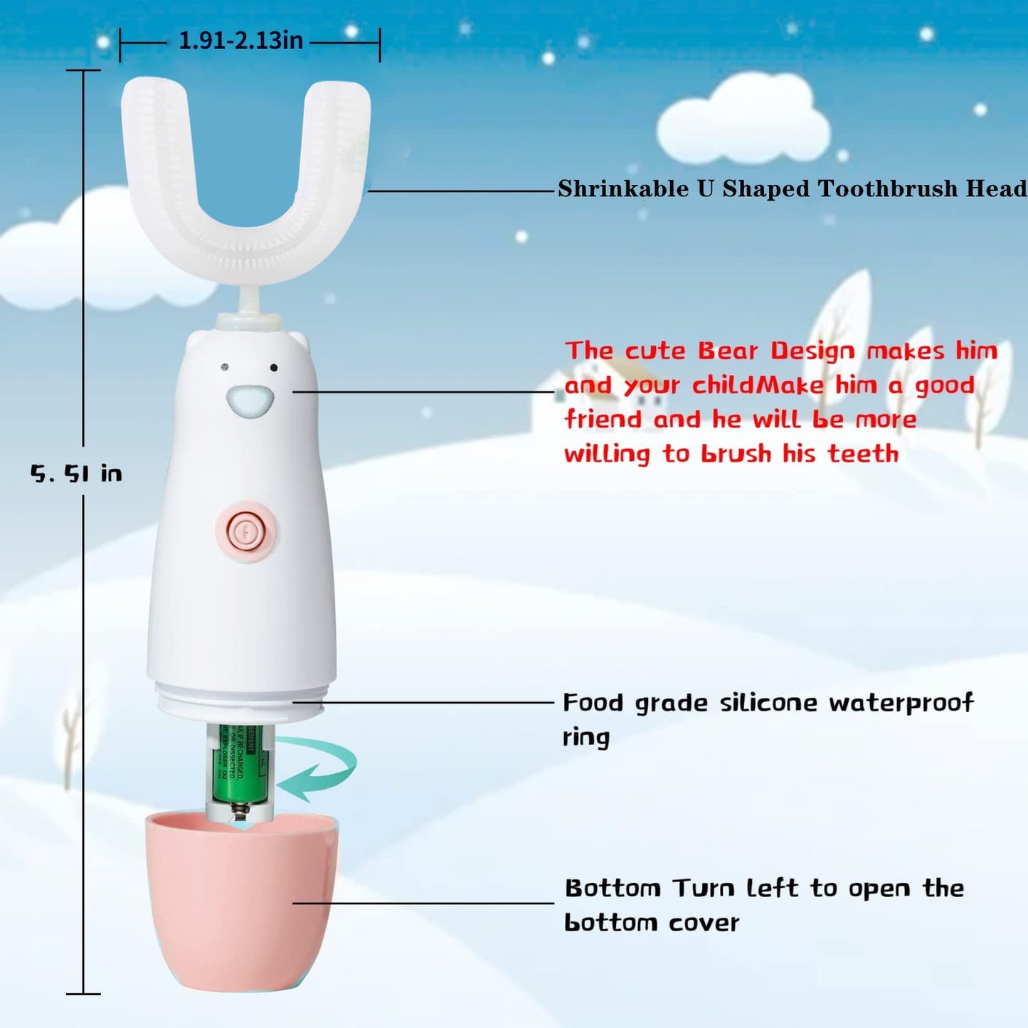 Meqtpomy Kids U-Shaped Electric Toothbrush – Waterproof, Battery-Powered 360° Sonic Brushing (8–13 yrs, Pink)