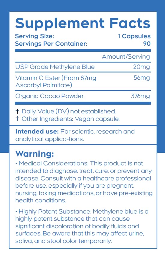 Methylene Blue USP-Grade Capsules 20mg - 60 Vegan Capsules with Vitamin C Ester and Organic Cacao